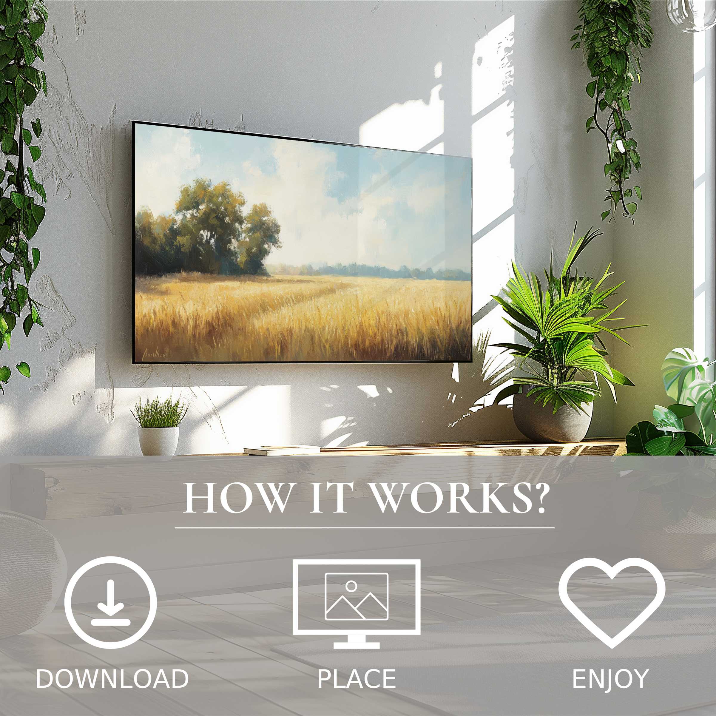 Farmhouse art for Samsung TV shows soft wheat field tones; easy digital download enriches bright living space decor
