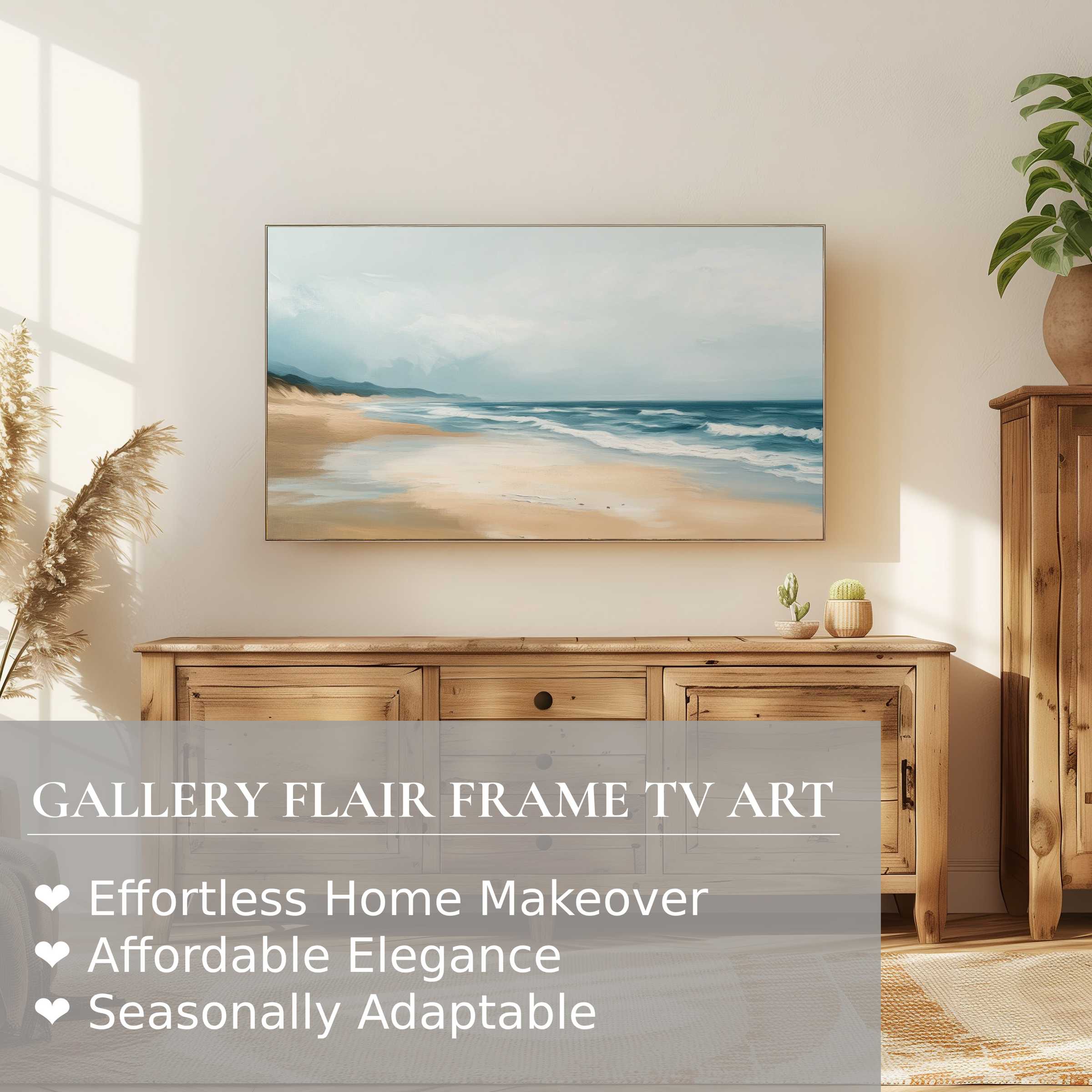 Samsung Frame TV displaying a serene landscape digital artwork, enhancing modern natural home decor style