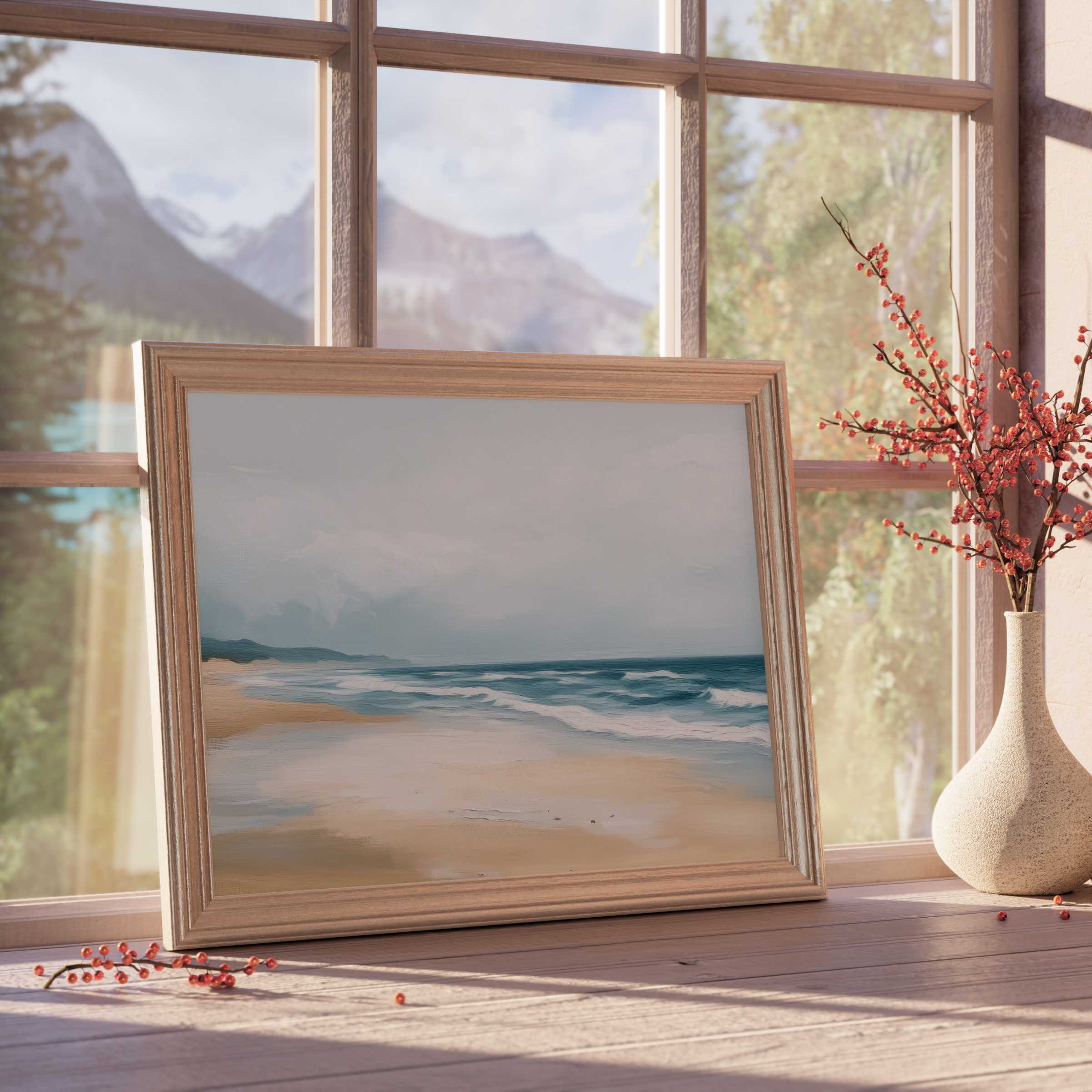 Serene landscape downloadable art capturing tranquil ocean waves and sandy shores, perfect for elevating chic, restful living spaces