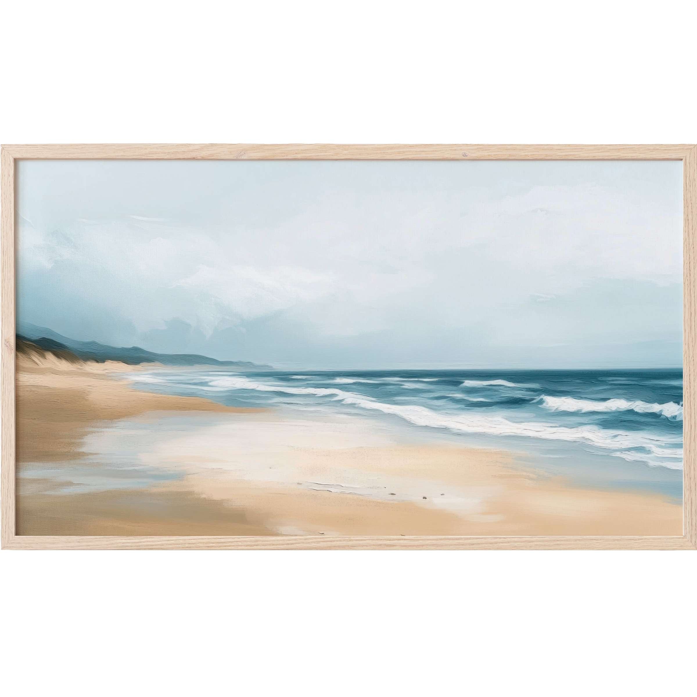 Serene coastal view with soft sand, gentle waves, and muted blues in a minimalist landscape Frame TV Art