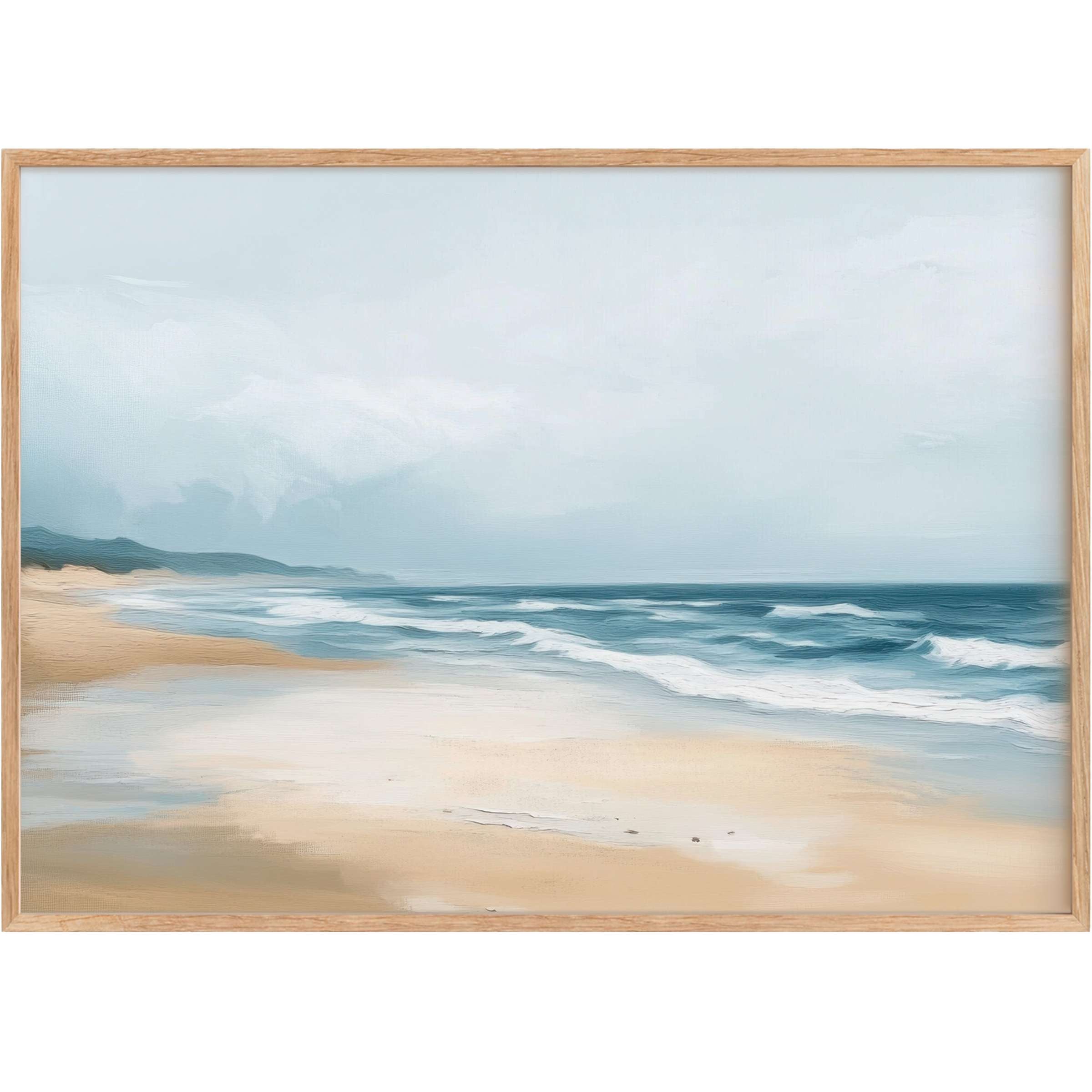 Serene coastal hues blend sandy beige and deep ocean blues in this landscape printable wall art, evoking calm and timeless elegance