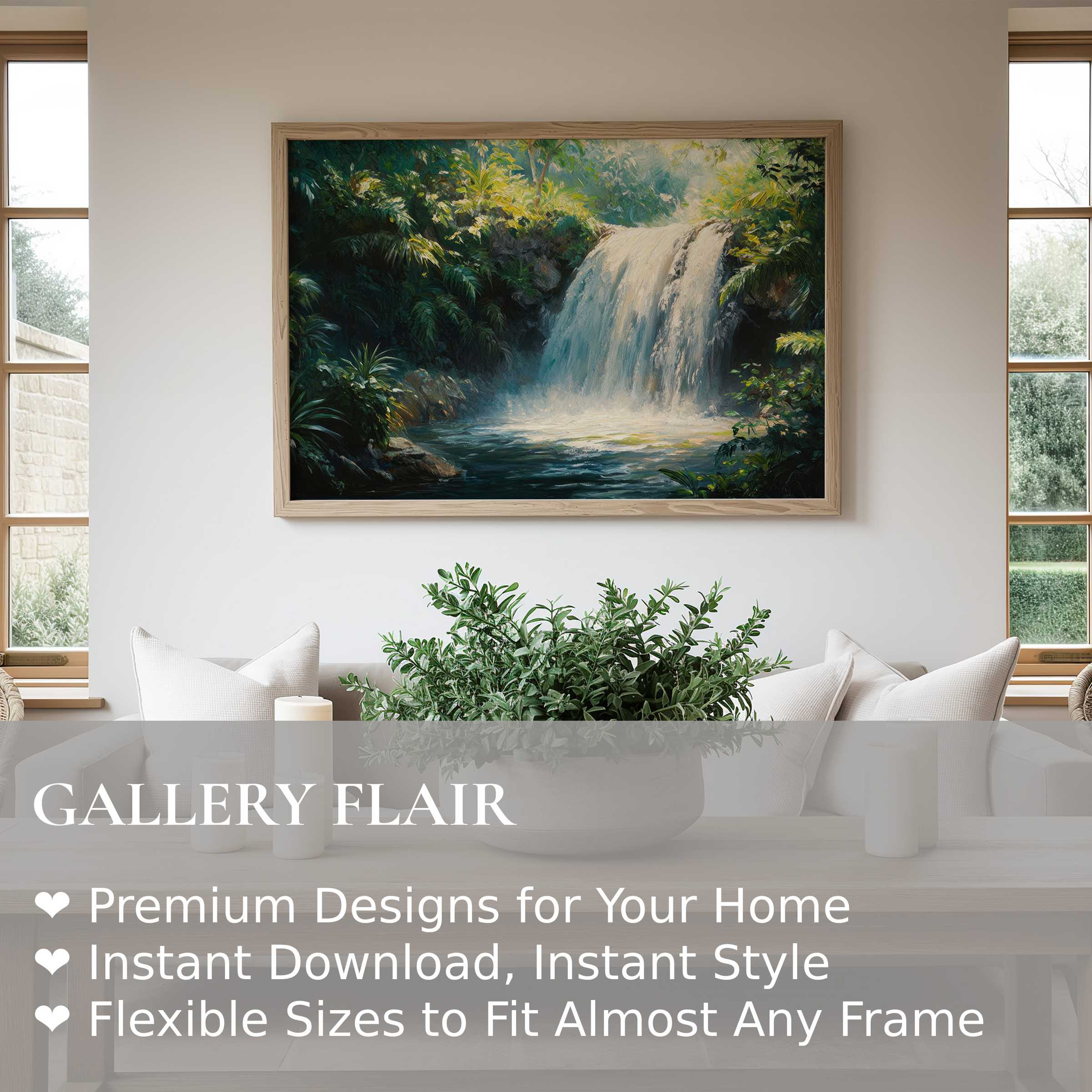 Vintage wall art print of a radiant waterfall scene, enhancing modern minimalist interiors with serene, nature-inspired elegance