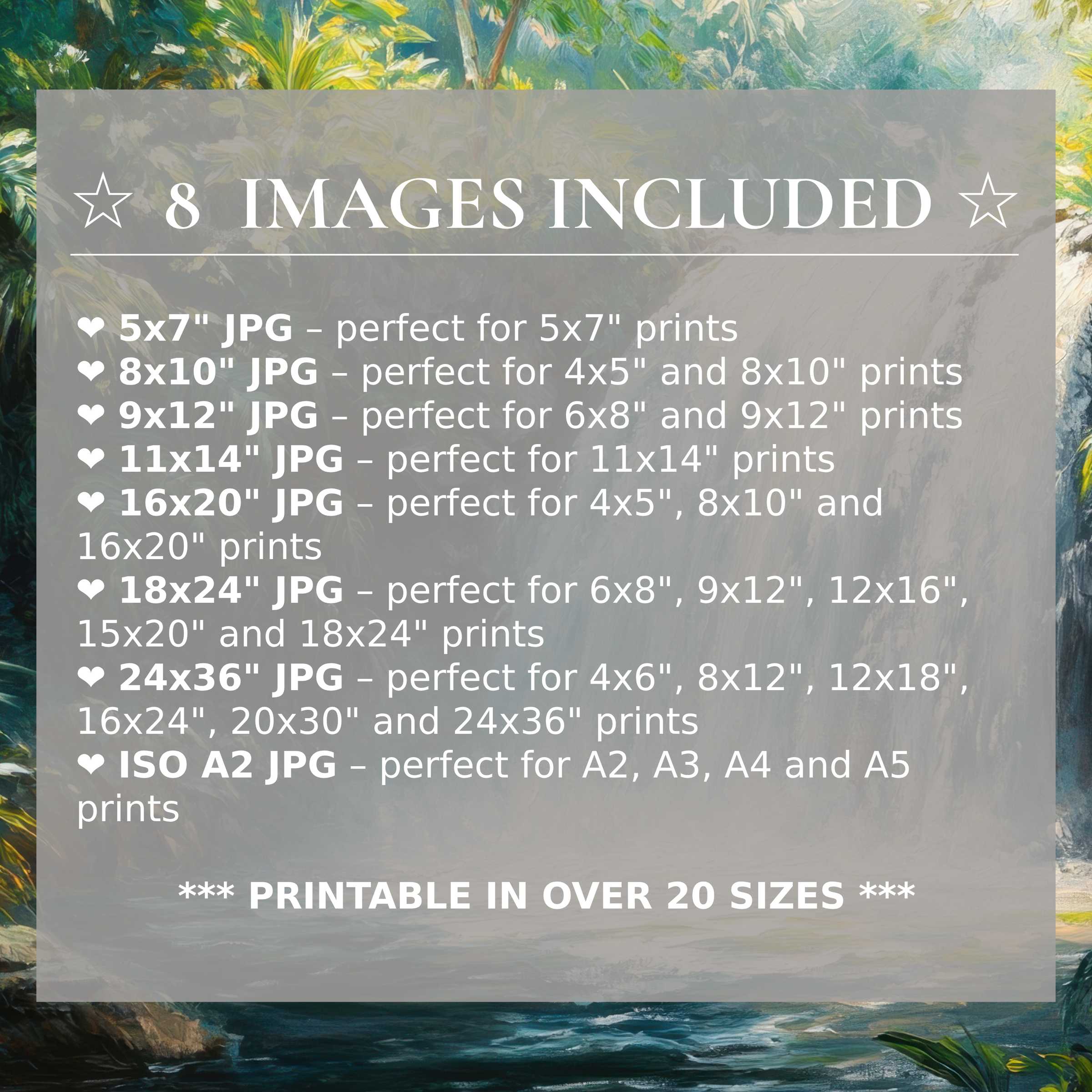 Vintage digital print radiates serene blues and lush greens, offered in 8 high-quality sizes to elevate modern interiors with timeless style and versatile elegance
