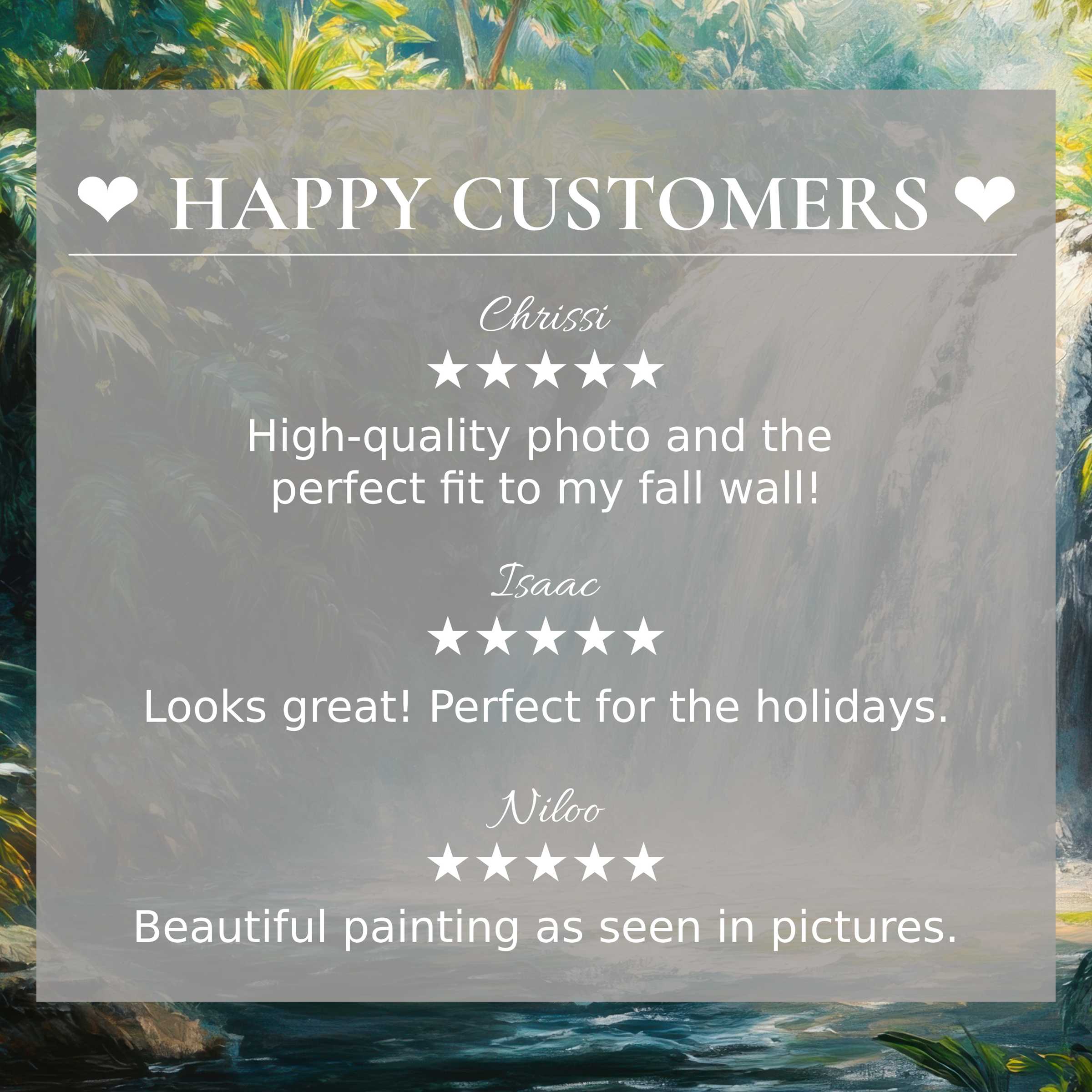Vintage art for Frame TV with lush waterfall background, showcasing happy customer reviews that inspire trust and elegance