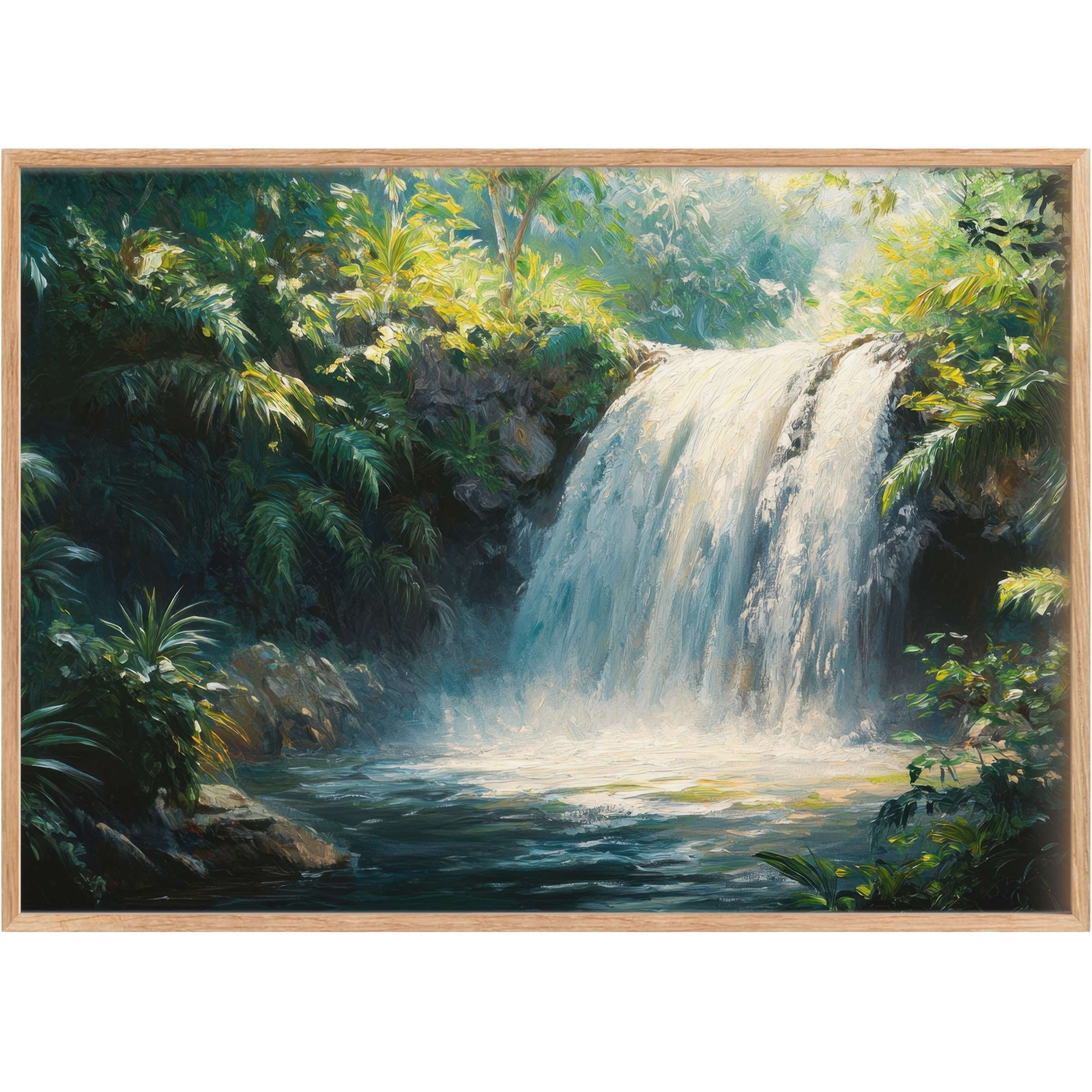 Lush, radiant vintage printable wall art capturing a cascading waterfall in vibrant greens and soft light, evoking serene luxury