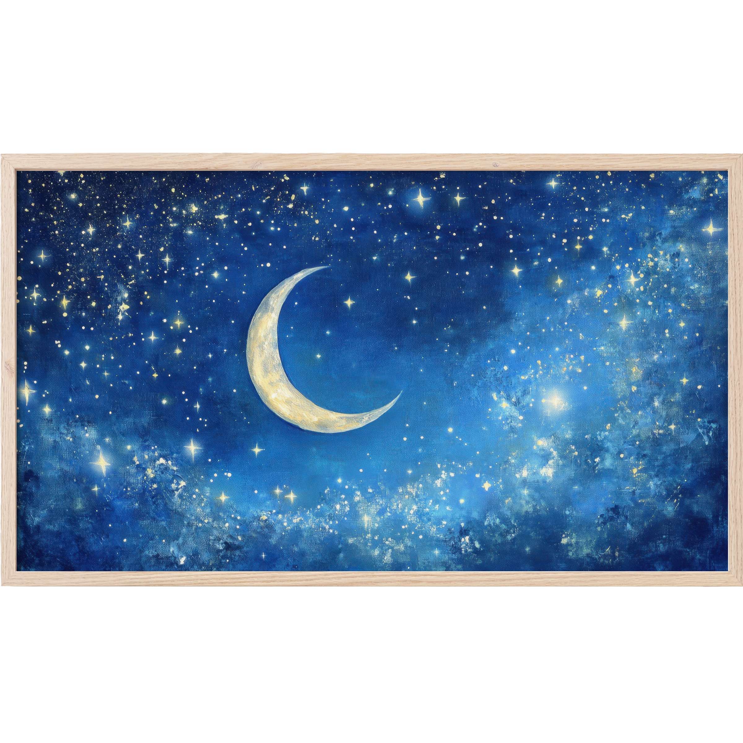 Elegant nursery Frame TV Art featuring a crescent moon and shimmering stars in deep blue hues