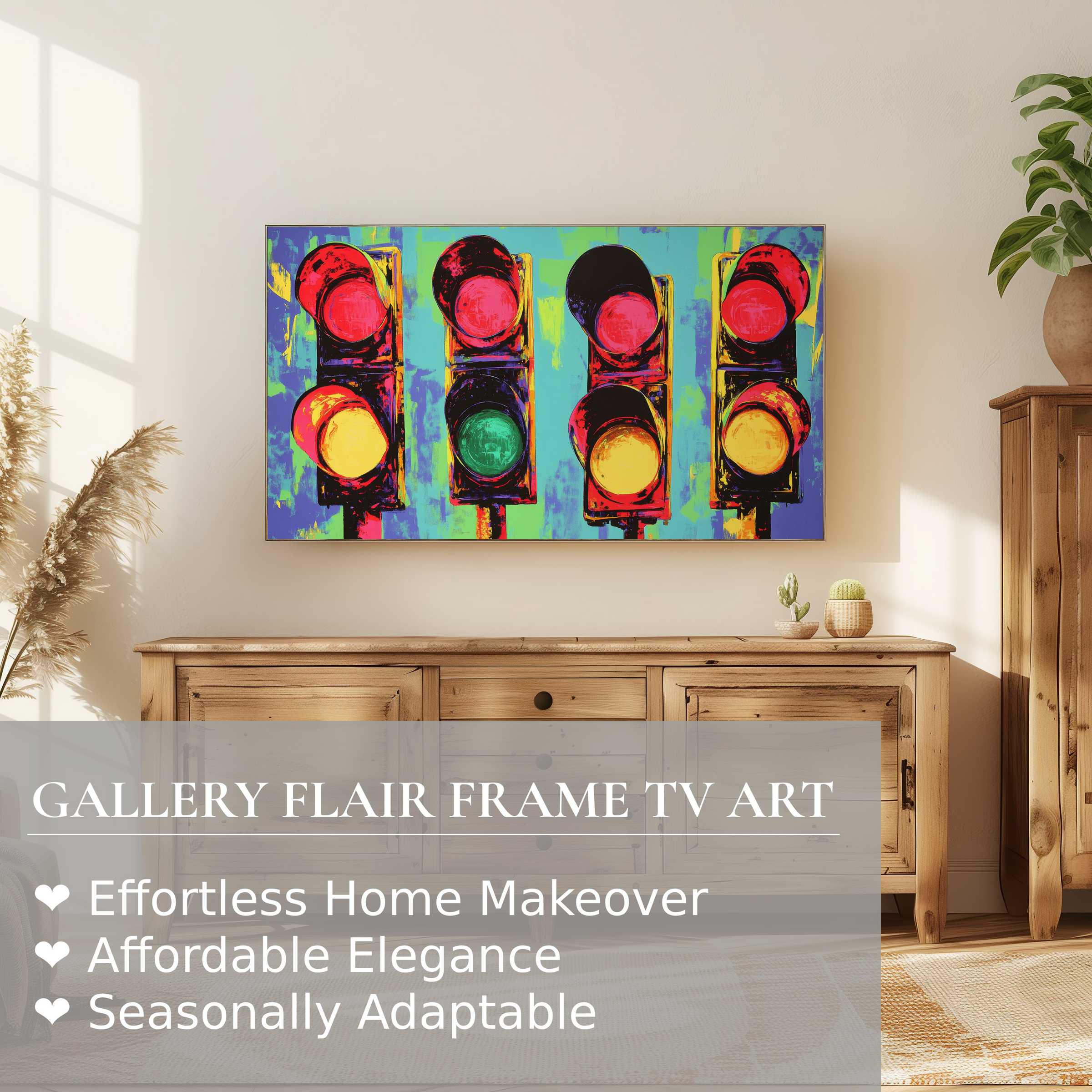 Modern living space with Samsung Frame TV showcasing vibrant pop art digital artwork of colorful traffic lights