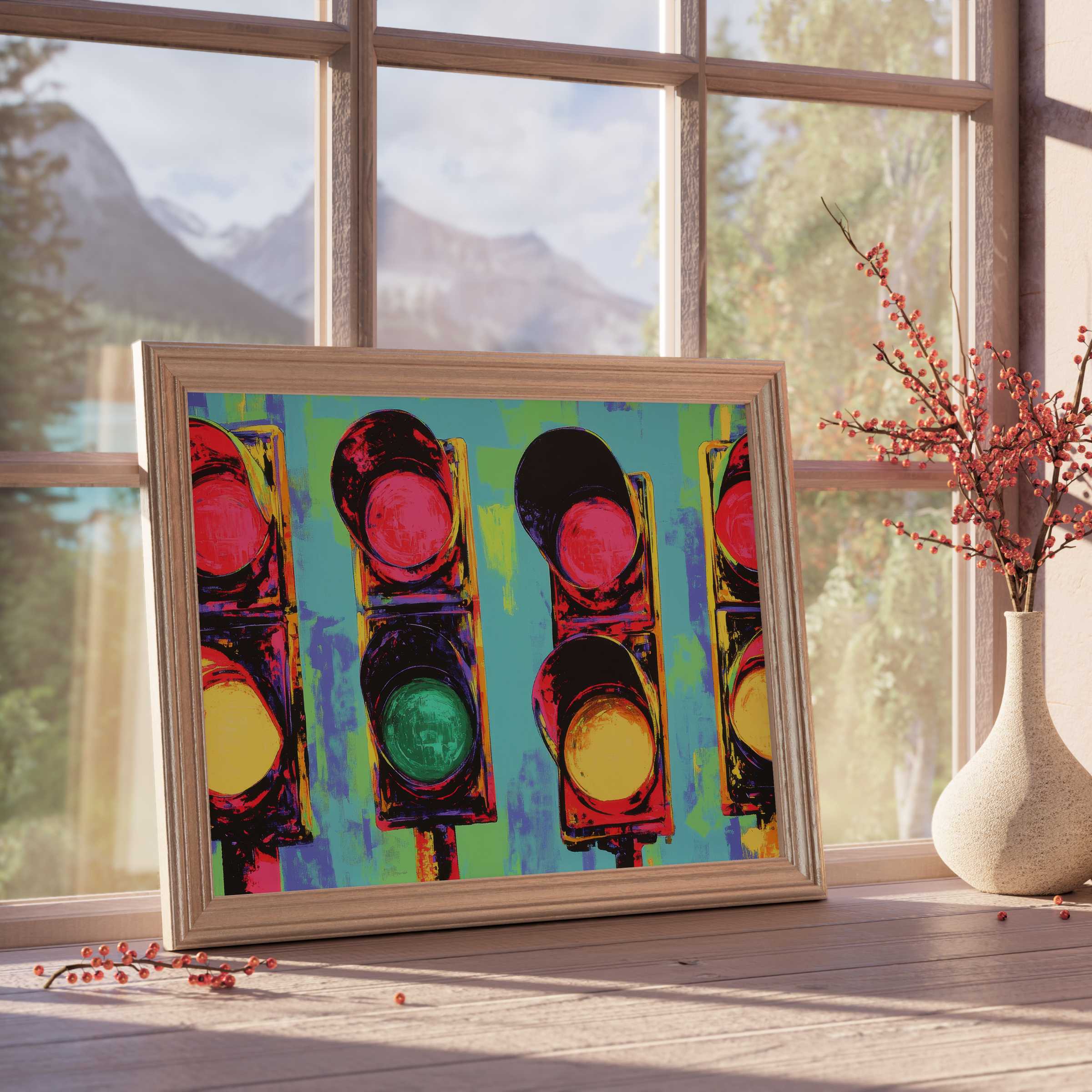 Vibrant pop art downloadable art of traffic lights energizes serene, curated interiors with bold colors and dynamic urban flair