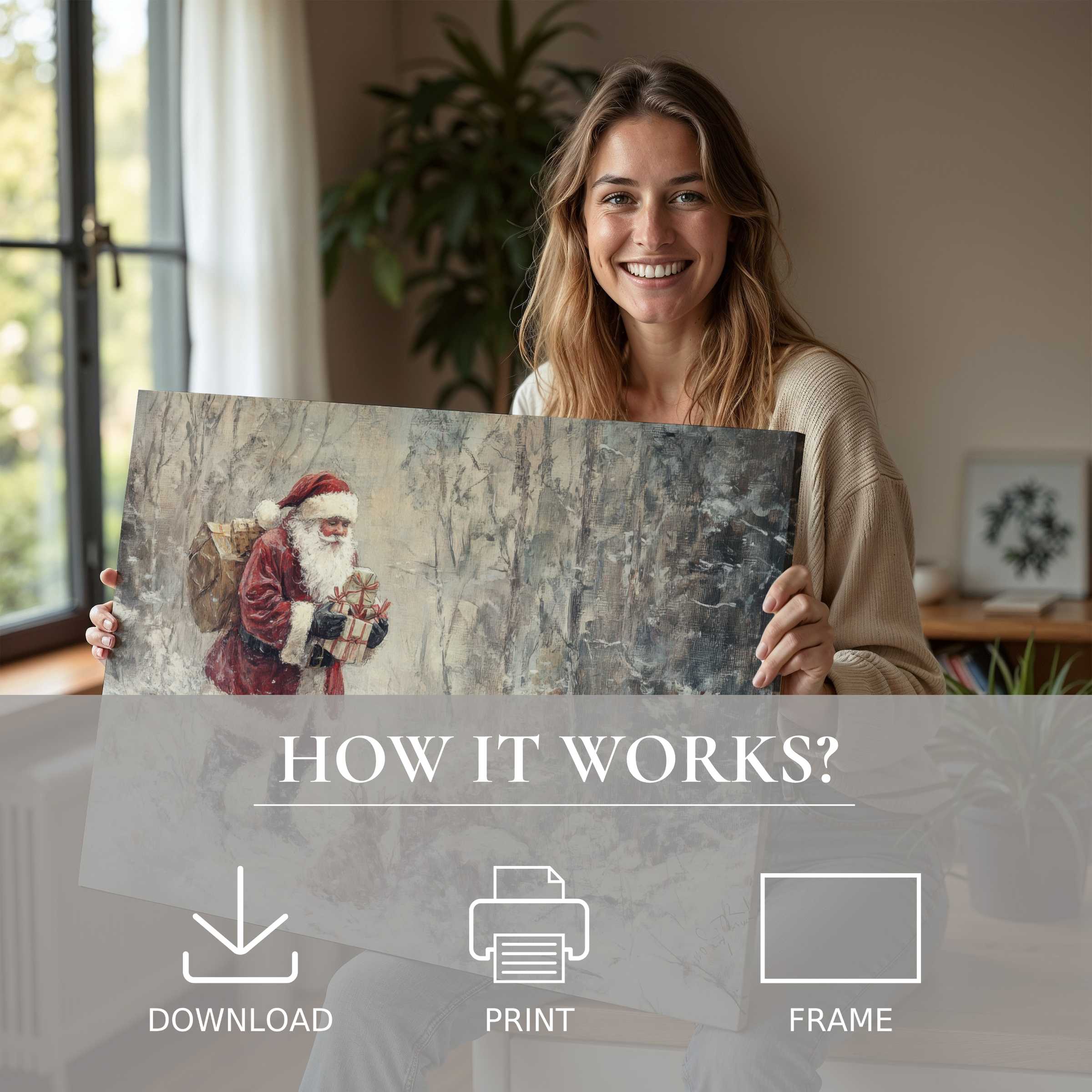 A serene moment of joy as a woman reveals a Christmas digital art print capturing festive warmth in a stylish, modern home