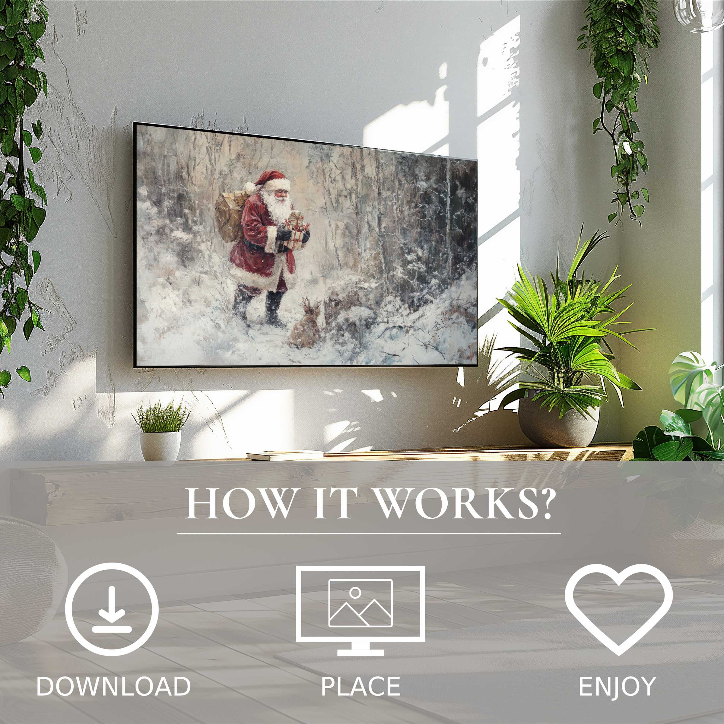 Modern living room with digital Christmas art for Samsung TV showing soft snowy forest tones; easy download enriches space