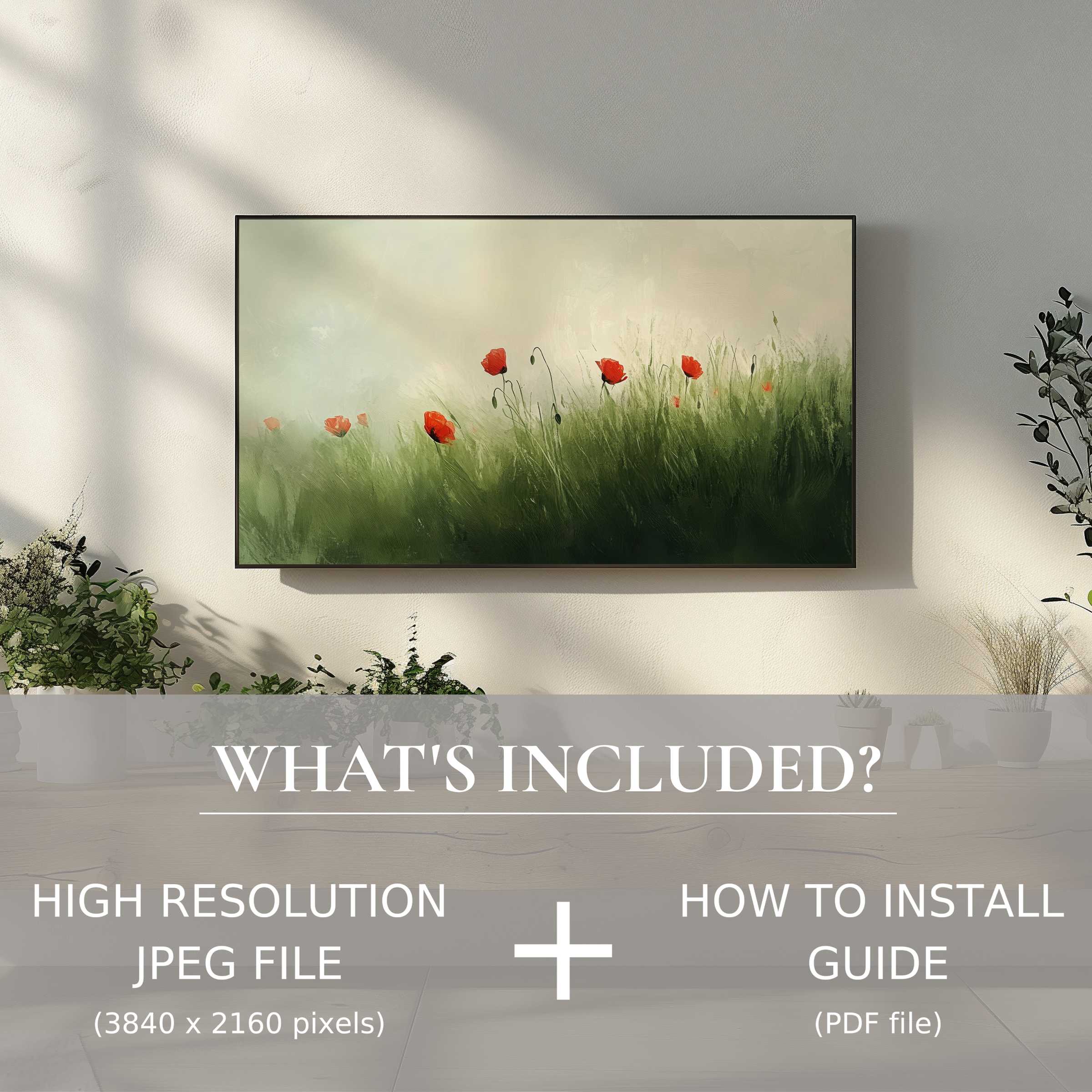 Elegant spring digital TV art download with poppy blooms, enhancing living spaces through easy digital use