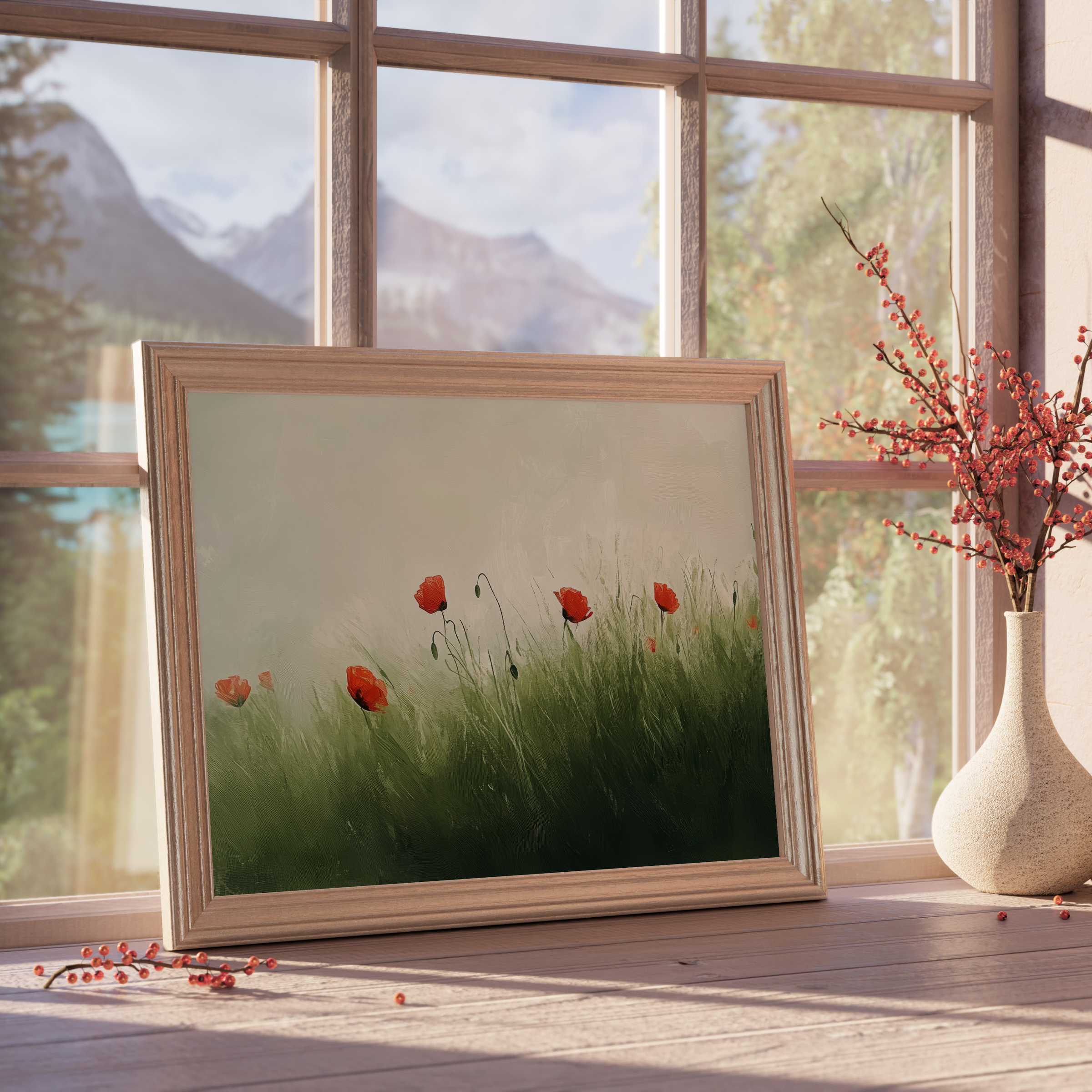 Spring downloadable art capturing delicate red poppies swaying in lush green grass, elevating tranquil, curated interiors