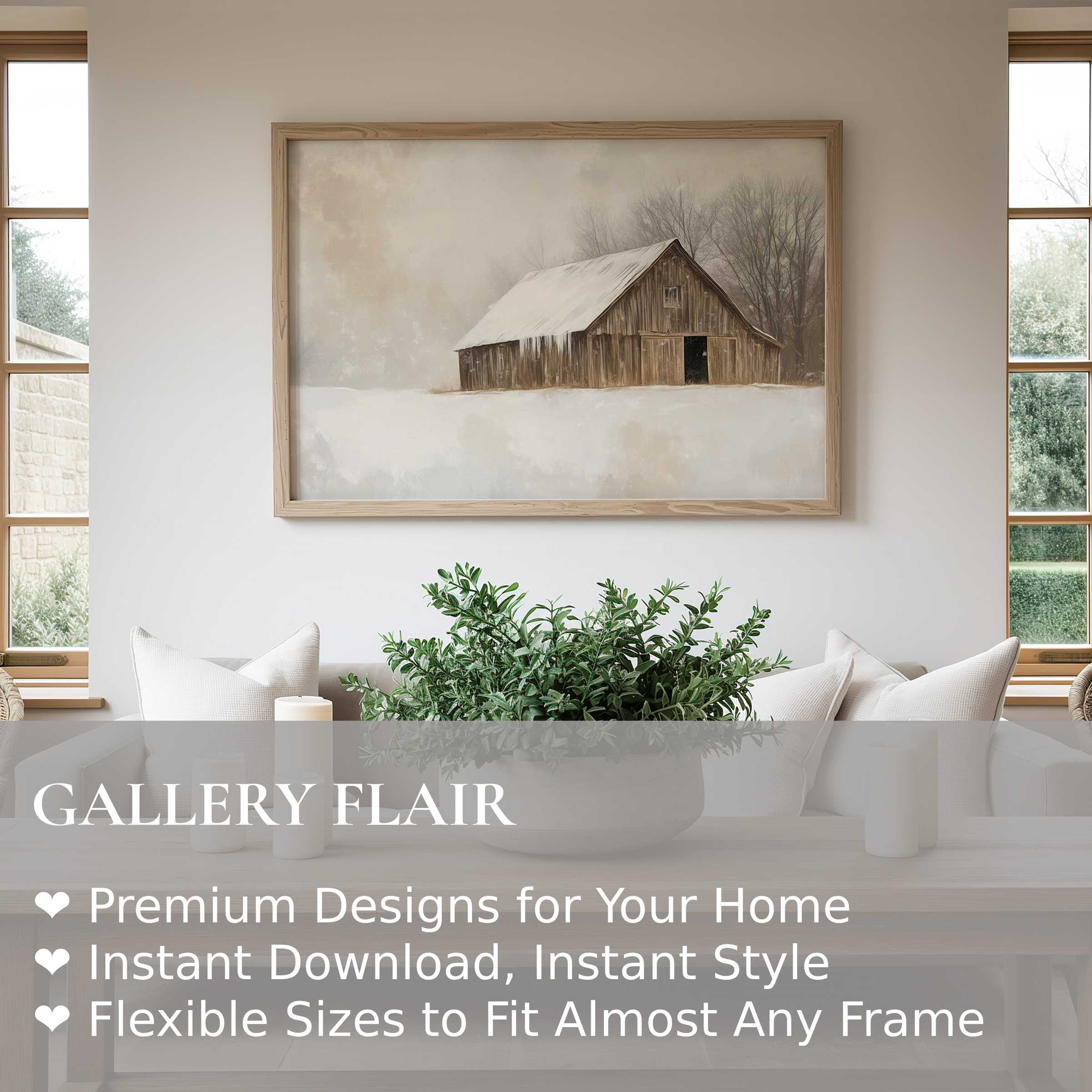 Winter wall art print showcasing a serene rustic barn in soft snow, enhancing modern minimal interiors with calming, natural elegance