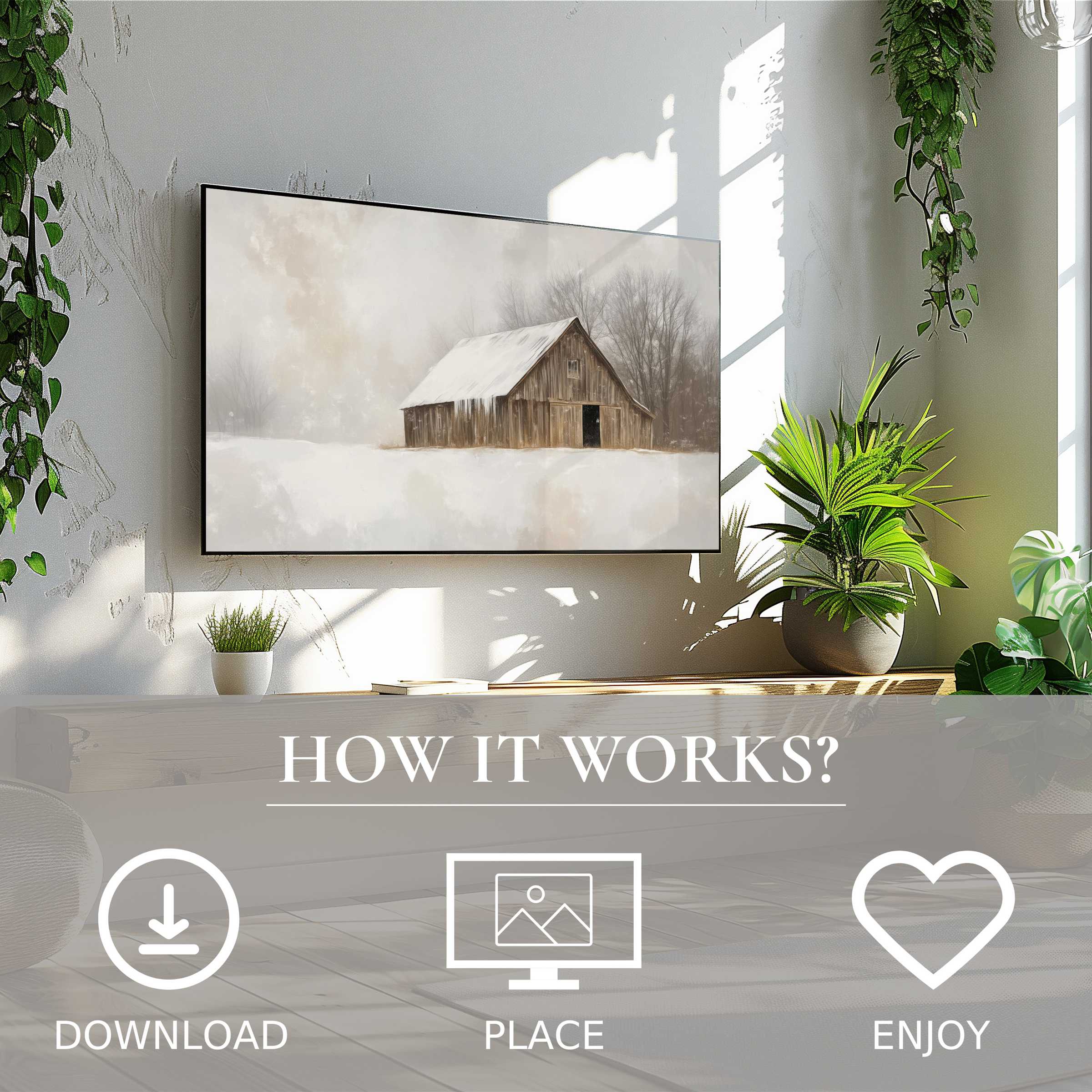 Winter art for Samsung TV shows a rustic barn in soft muted tones, easy digital download enriches modern spaces