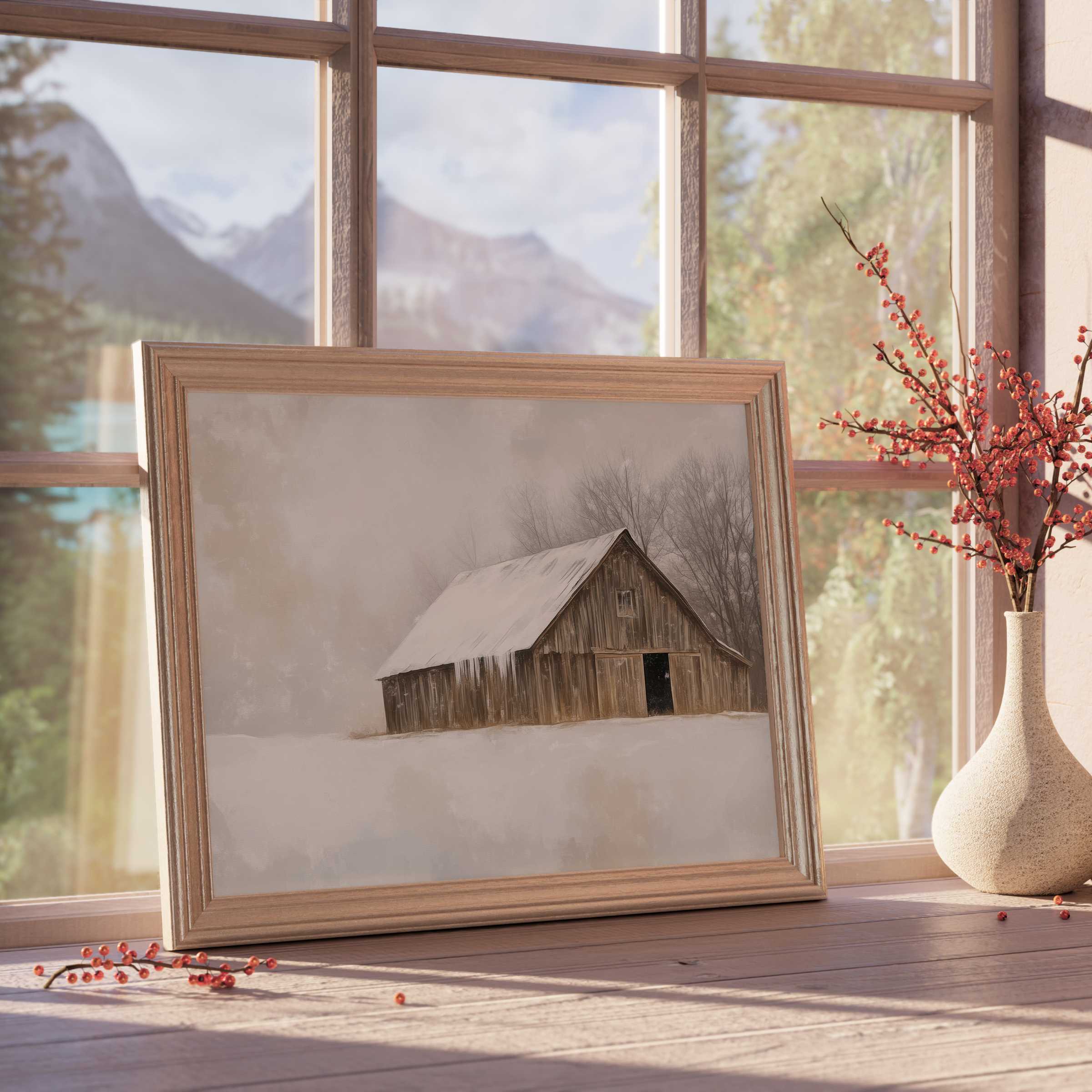 Winter downloadable art capturing serene snowy barn landscapes, elevating tranquil, curated interiors with rustic charm and warm ambiance
