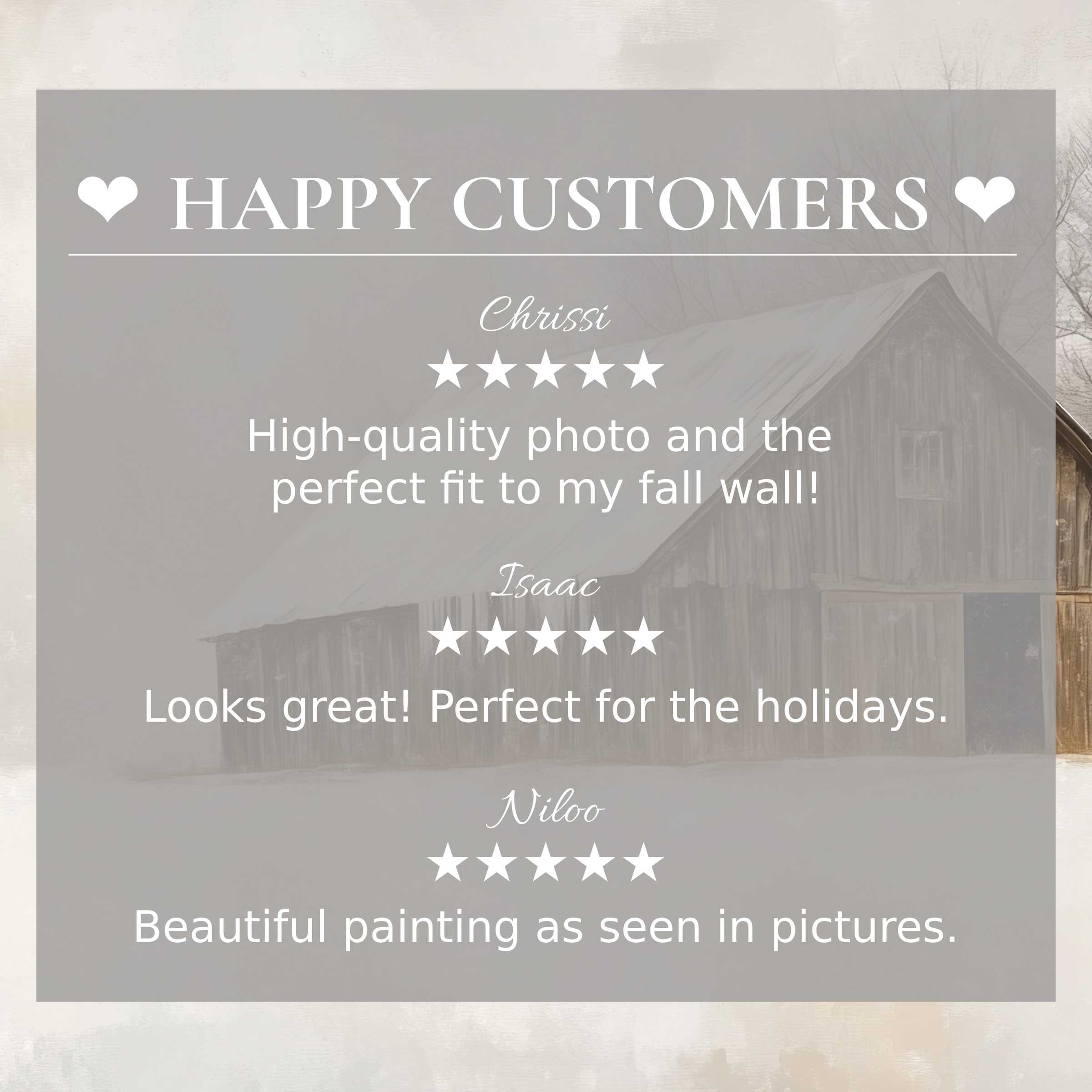 Winter art for Frame TV with rustic barn backdrop highlights happy customer reviews and sophisticated home appeal