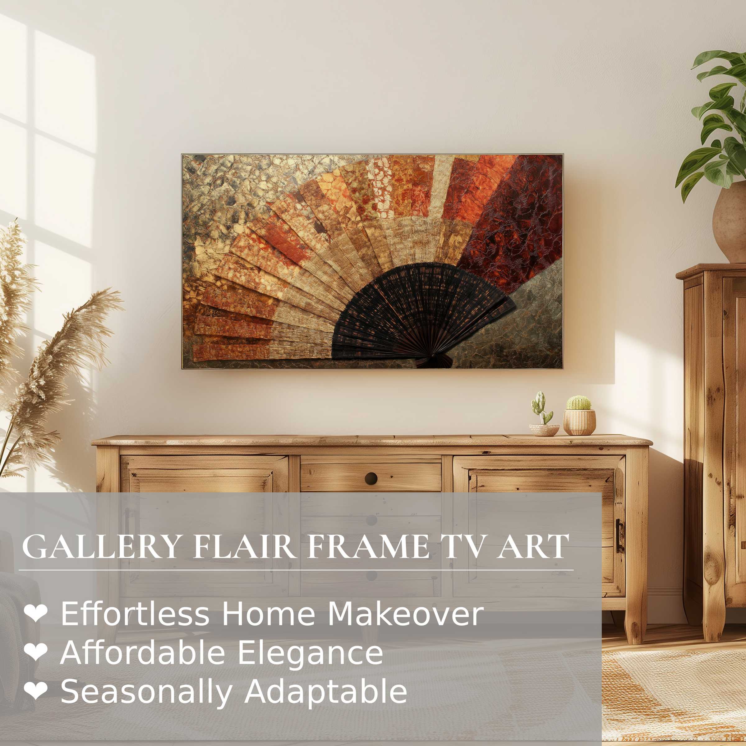 Modern boho digital artwork of an abstract fan on Samsung Frame TV in warm, natural wood setting for refined decor