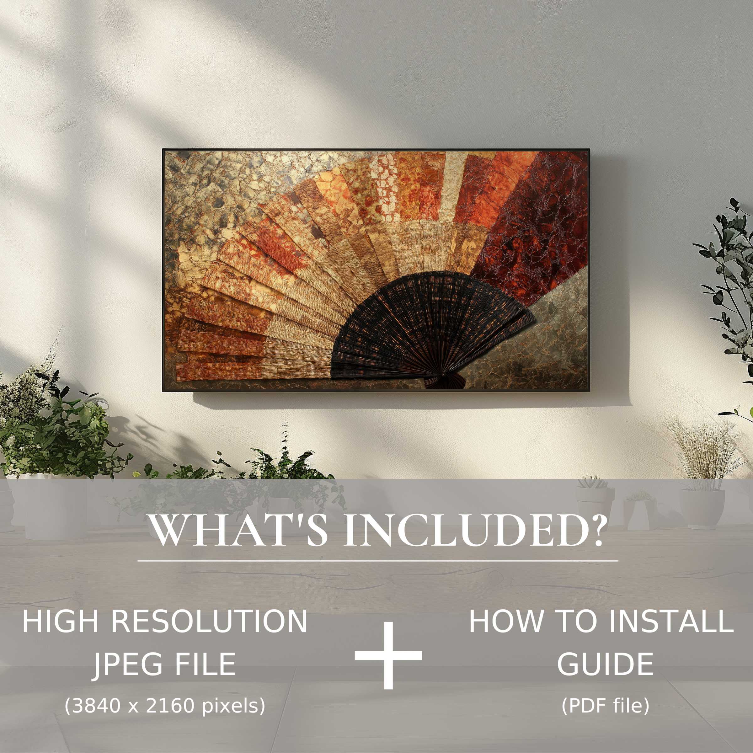 Elegant boho digital TV art download enhances modern living spaces with easy digital use and warm, textured fan design