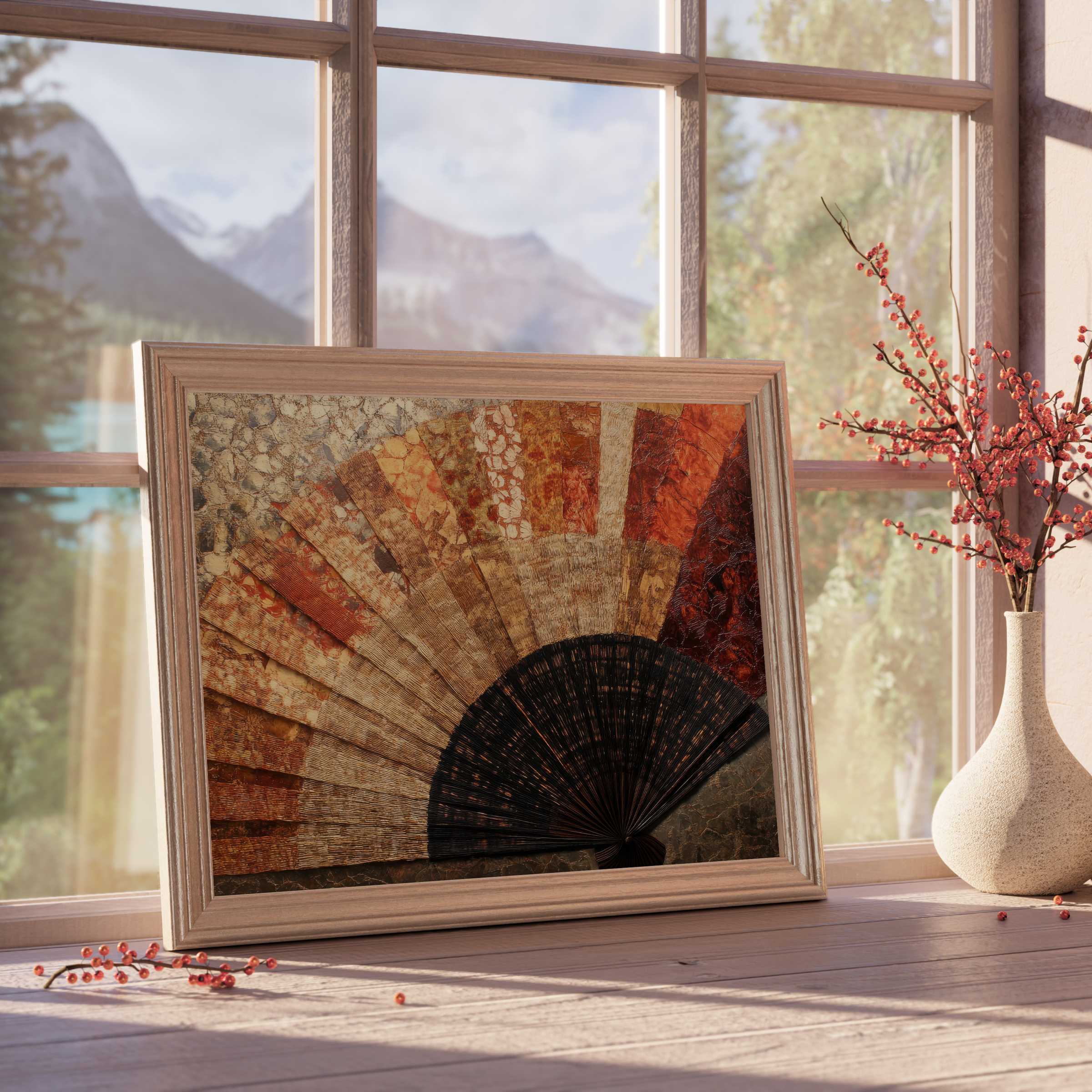 Boho downloadable art featuring textured fan motif in warm earth tones, perfect for curated, tranquil, design-forward interiors