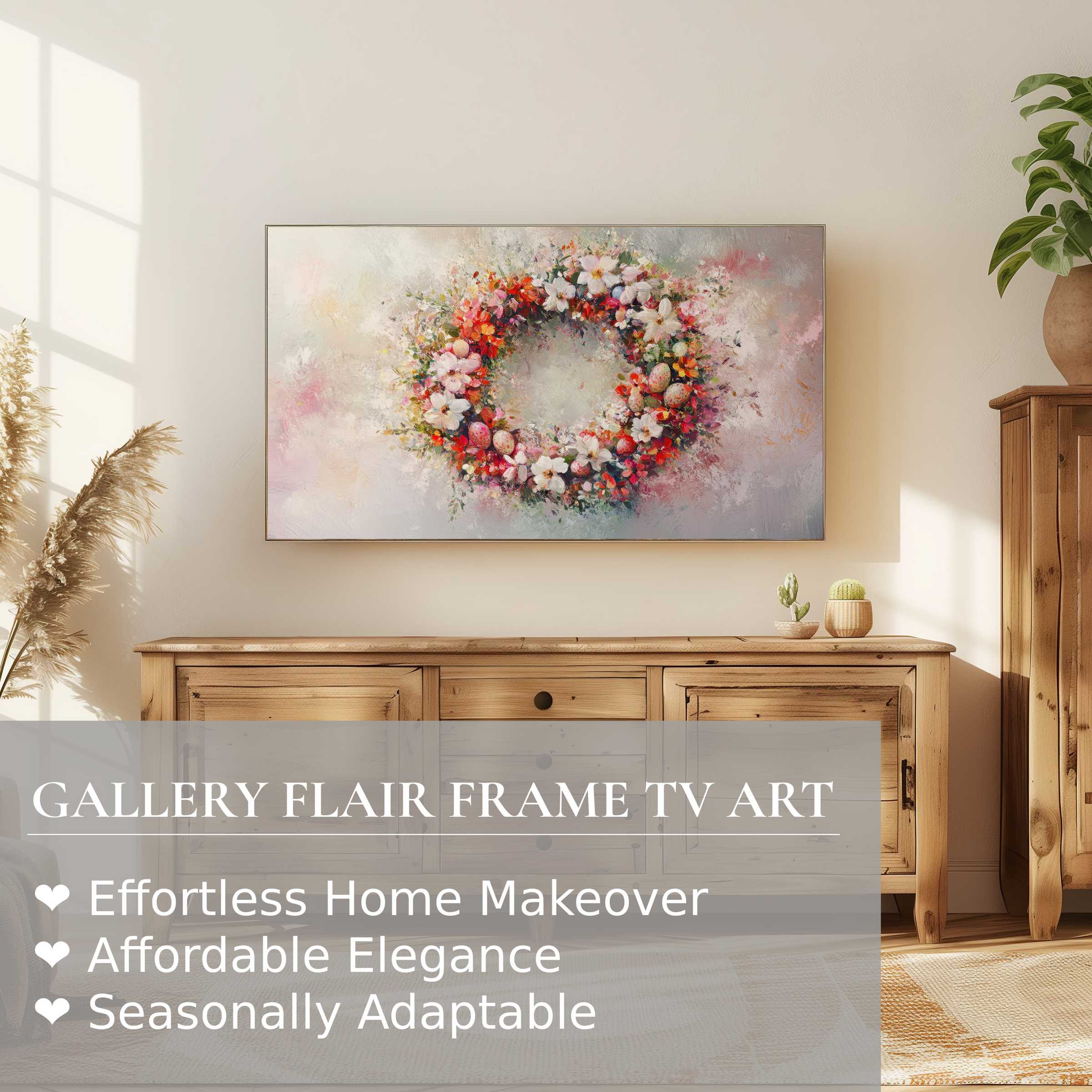 Samsung Frame TV displaying elegant, soft-focus easter digital artwork wreath in a modern, warm living space