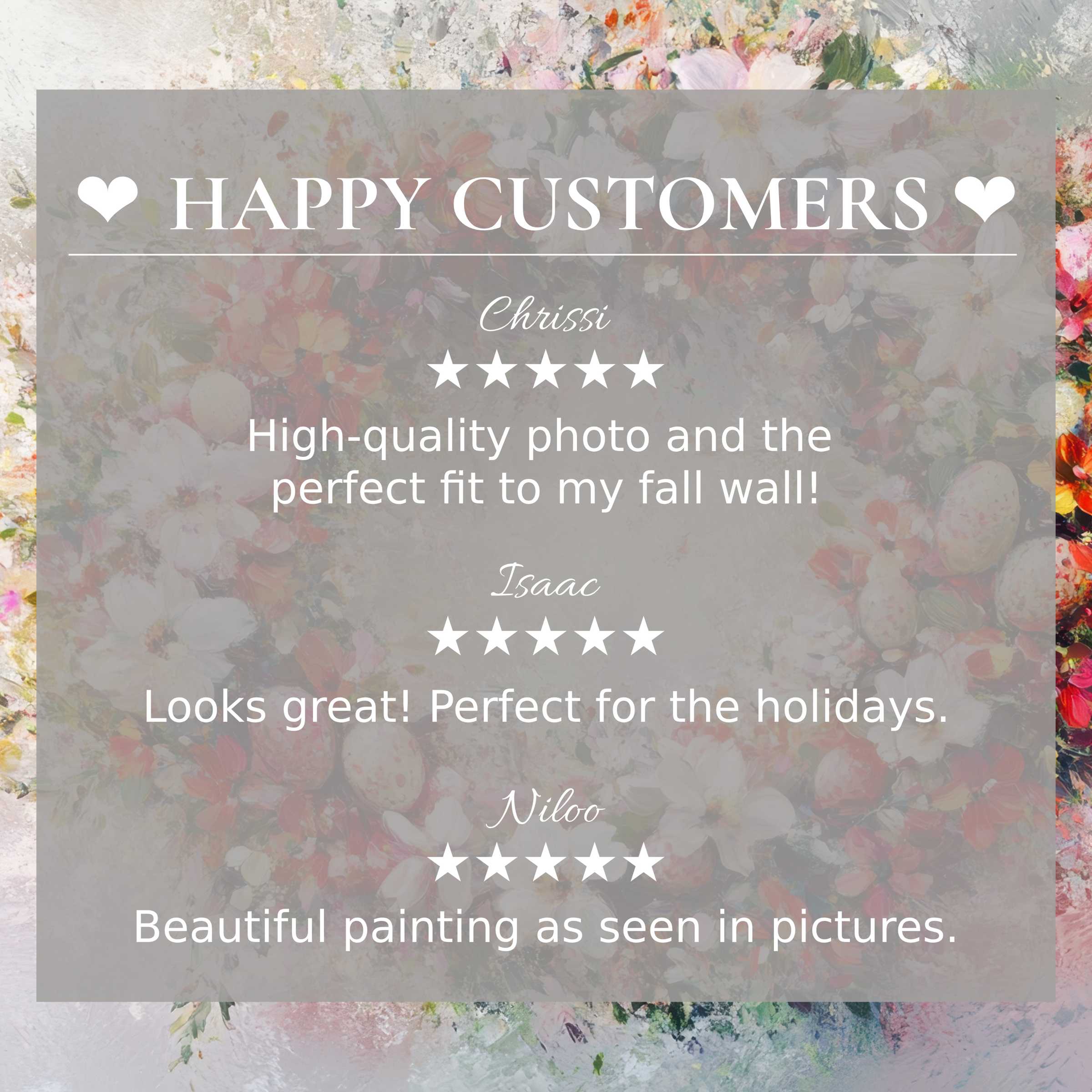 Easter art for Frame TV with abstract floral hues, showcasing happy customer reviews and elegant, trust-building design