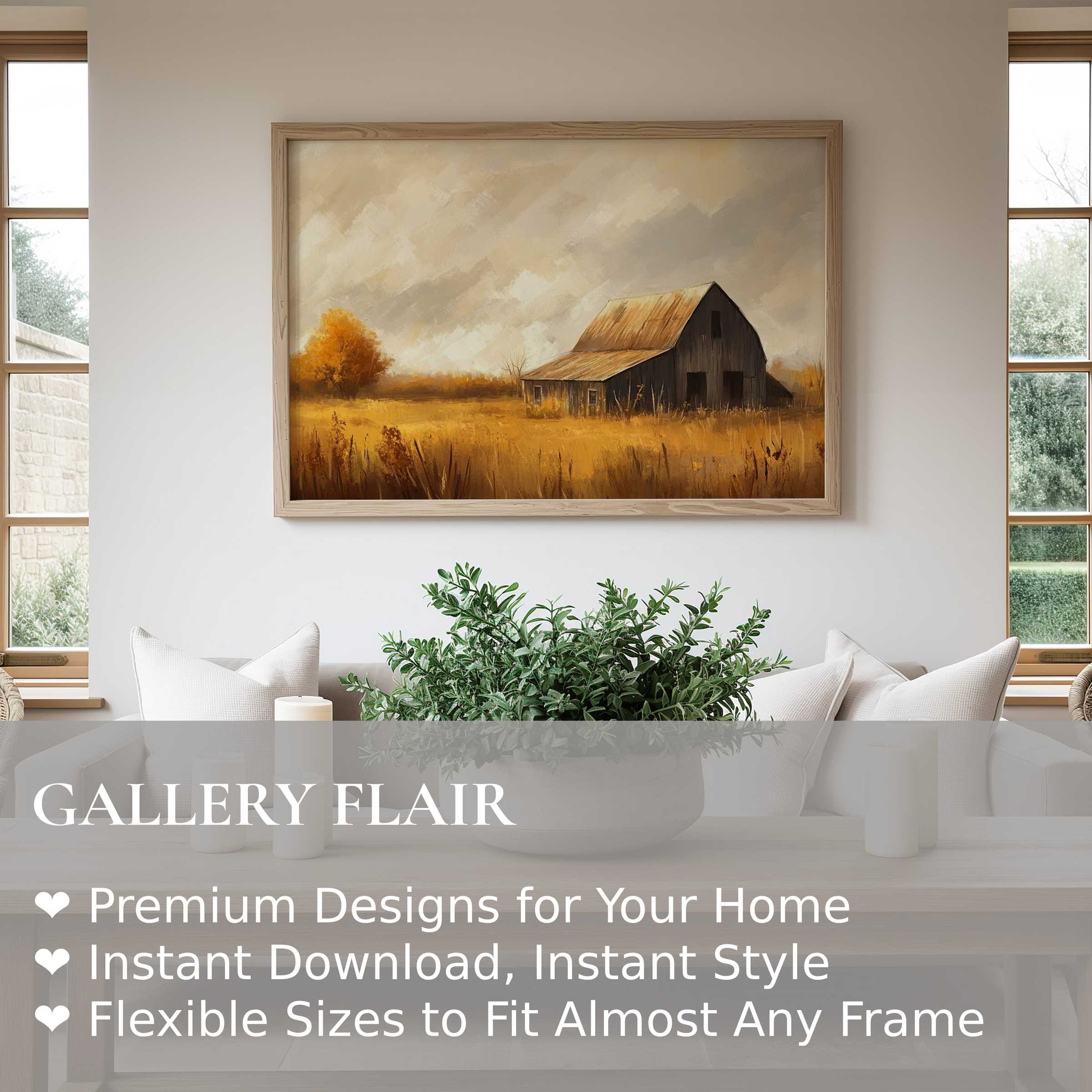 Rustic fall wall art print featuring a radiant autumn landscape with golden fields and an aged barn, enriching modern farmhouse interiors with warm, inviting charm