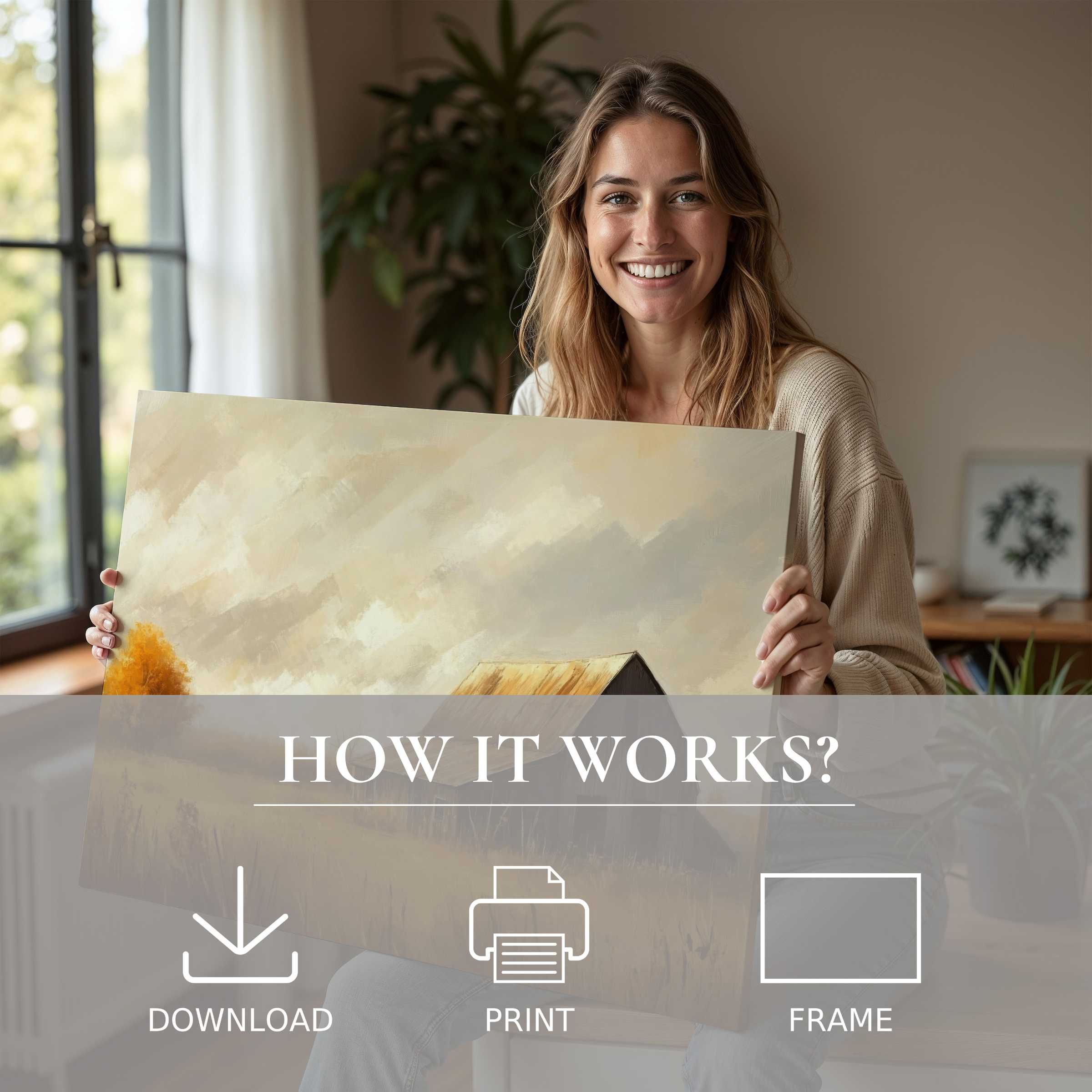 A joyful woman in a modern home radiates warmth, embracing the effortless beauty of a fall digital art print