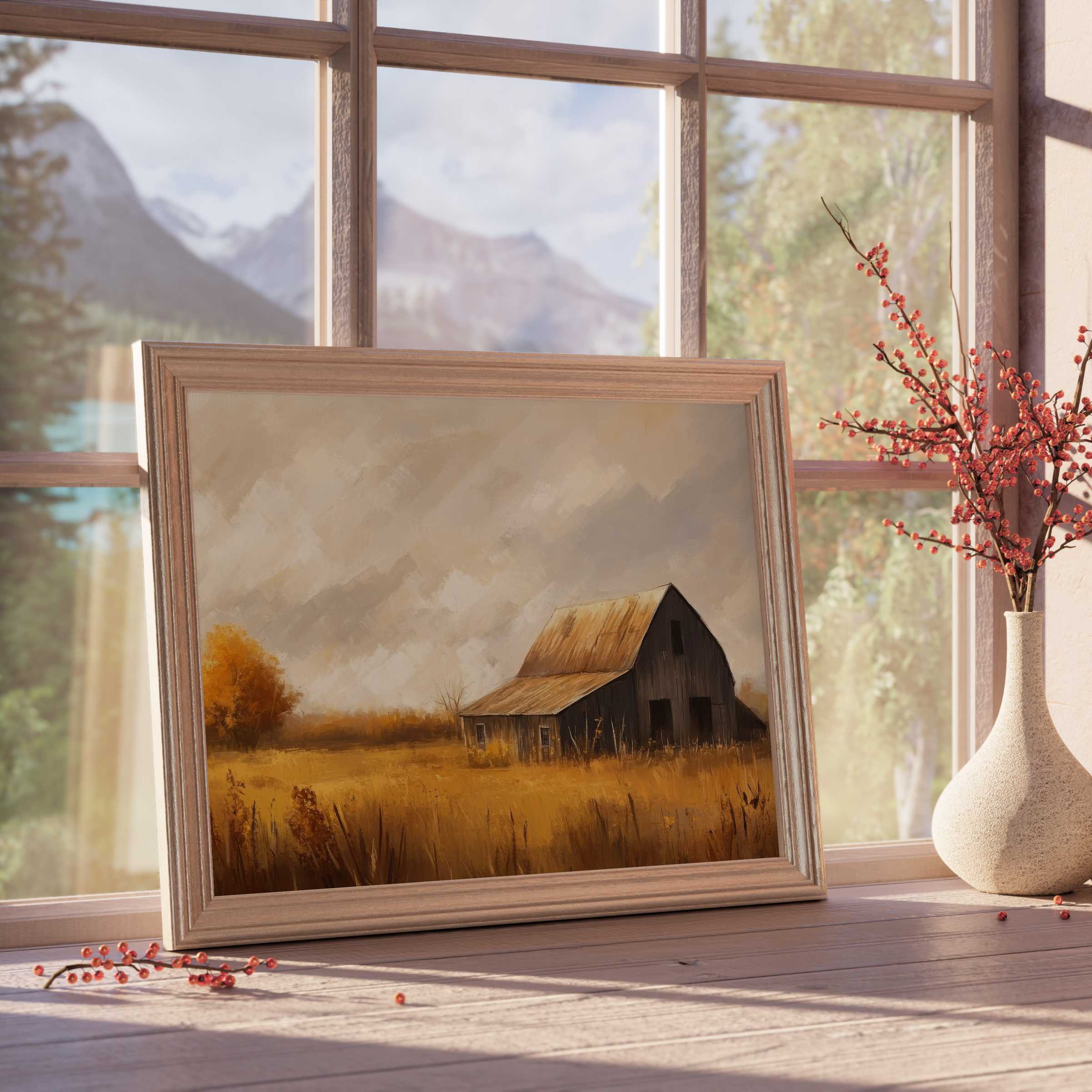 Rustic fall downloadable art radiates warm golden hues and serene nostalgia, elevating curated interiors with timeless autumn charm