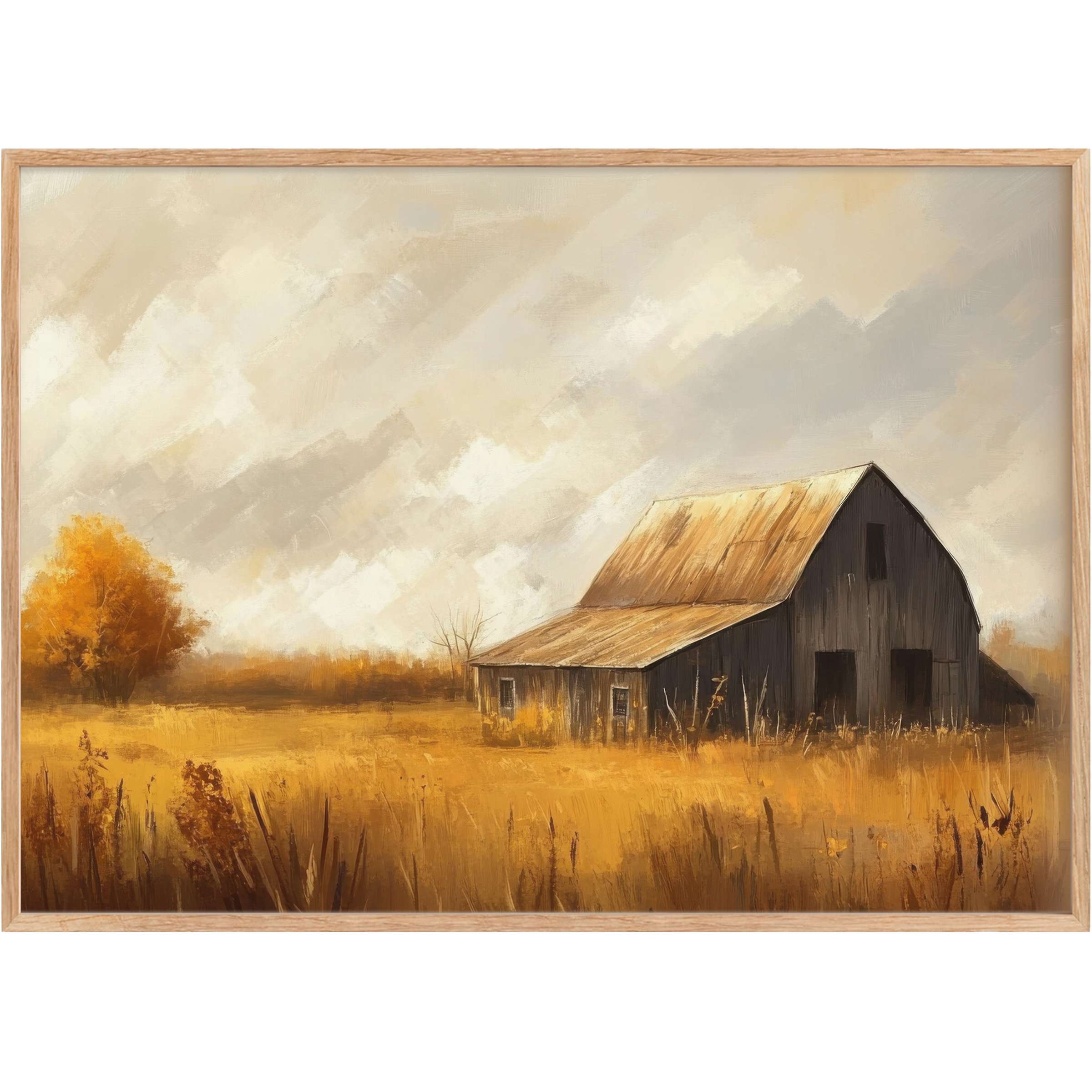 Rustic barn nestled in golden fields with amber foliage under a soft, overcast sky-perfect fall printable wall art for warm, inviting spaces