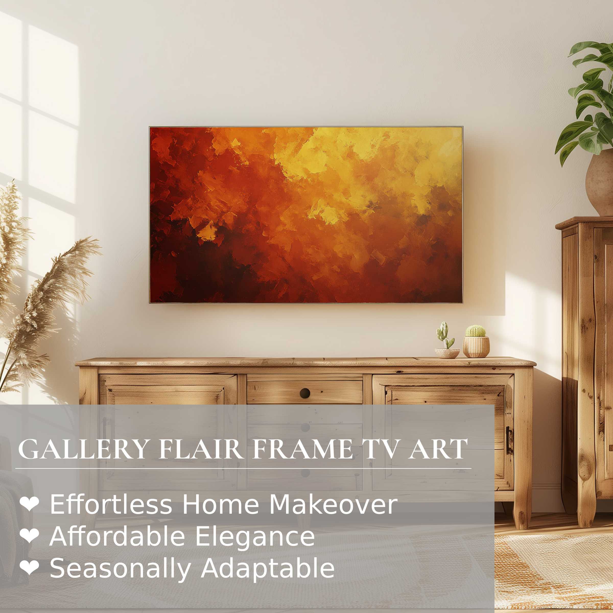 Samsung Frame TV displaying warm-toned abstract digital artwork in a sunlit modern rustic living room