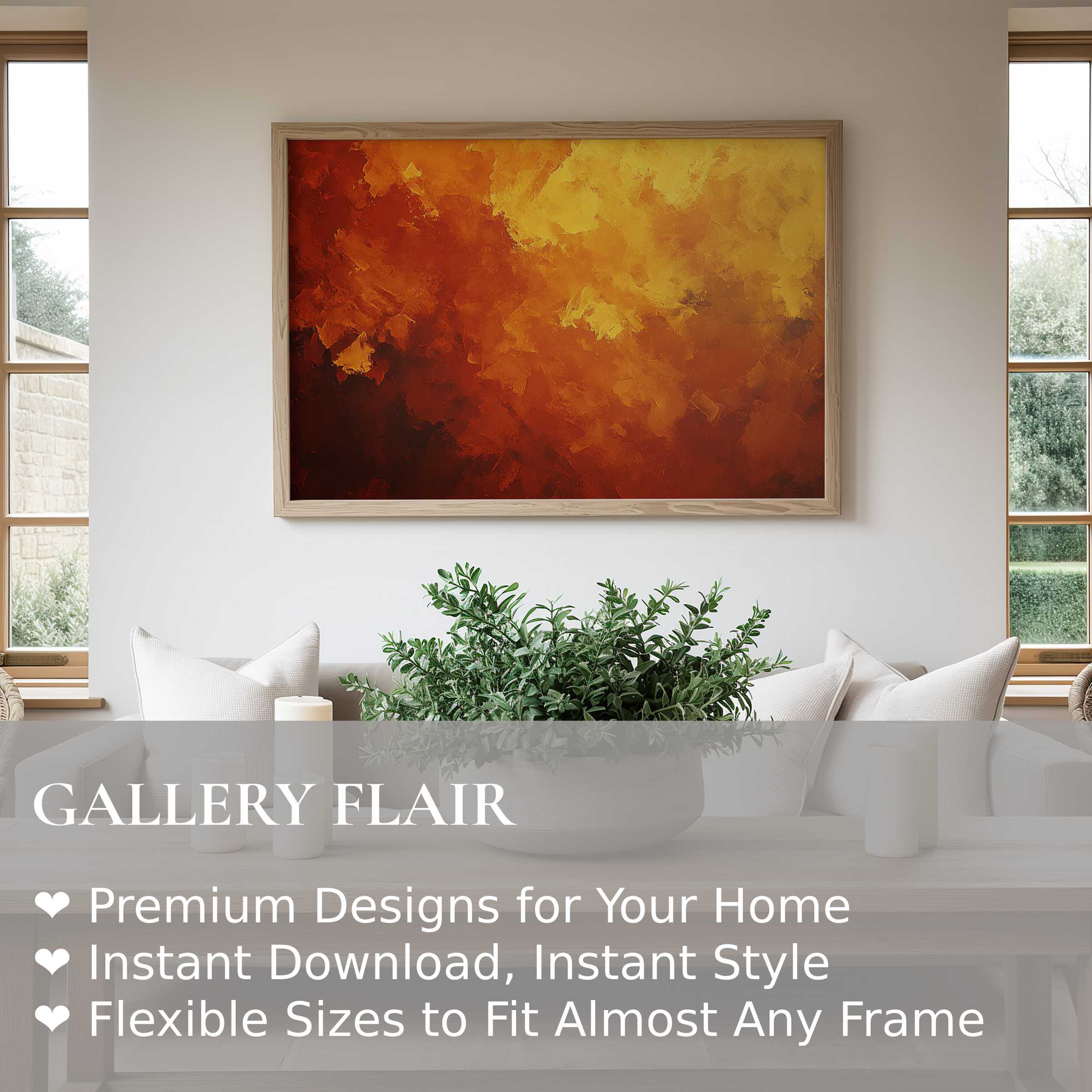 Abstract wall art print in warm amber and fiery sienna tones, elevating modern minimalist interiors with radiant, bold elegance and inviting depth