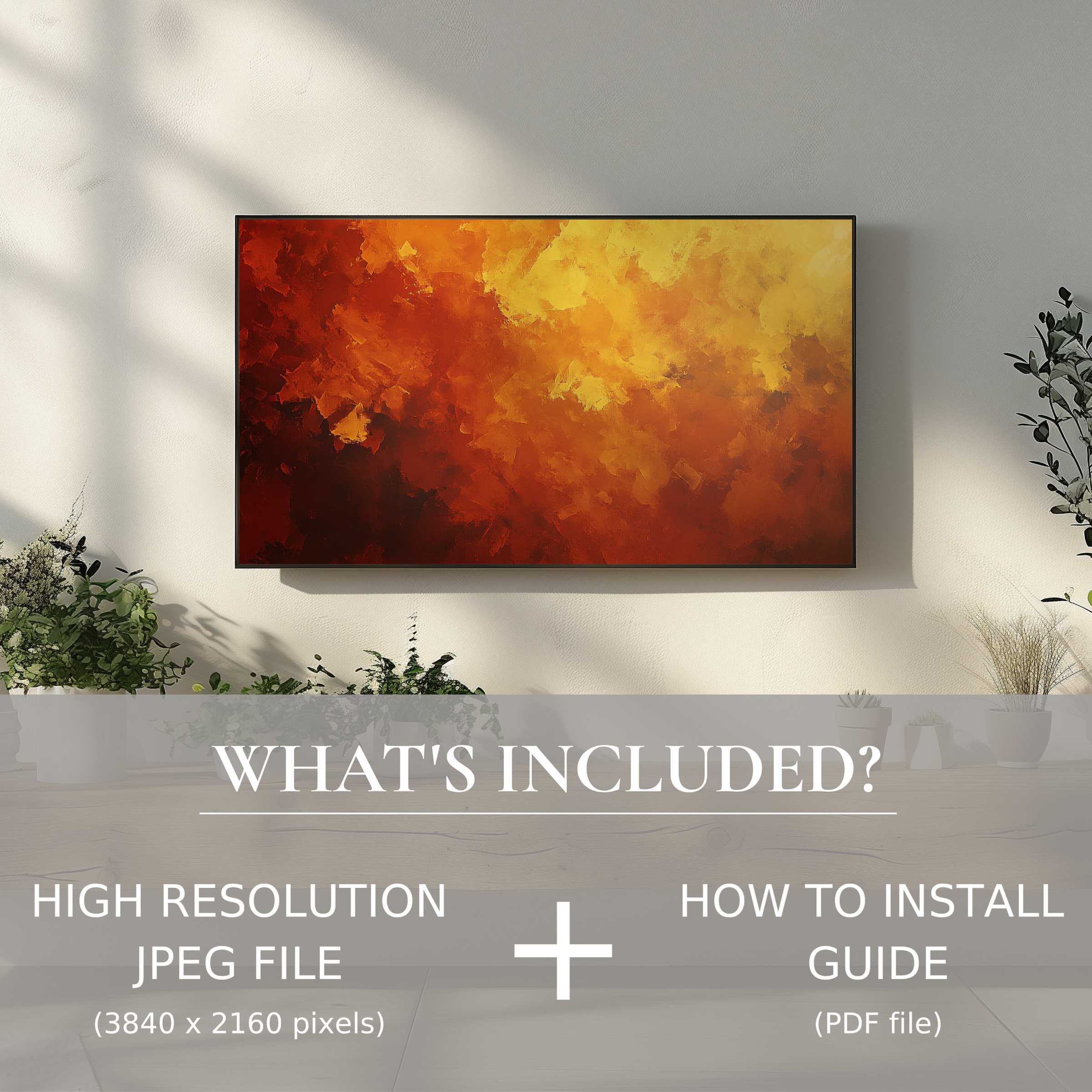 Elegant living space enhanced by warm abstract digital TV art download, easy to use with high-res file and guide