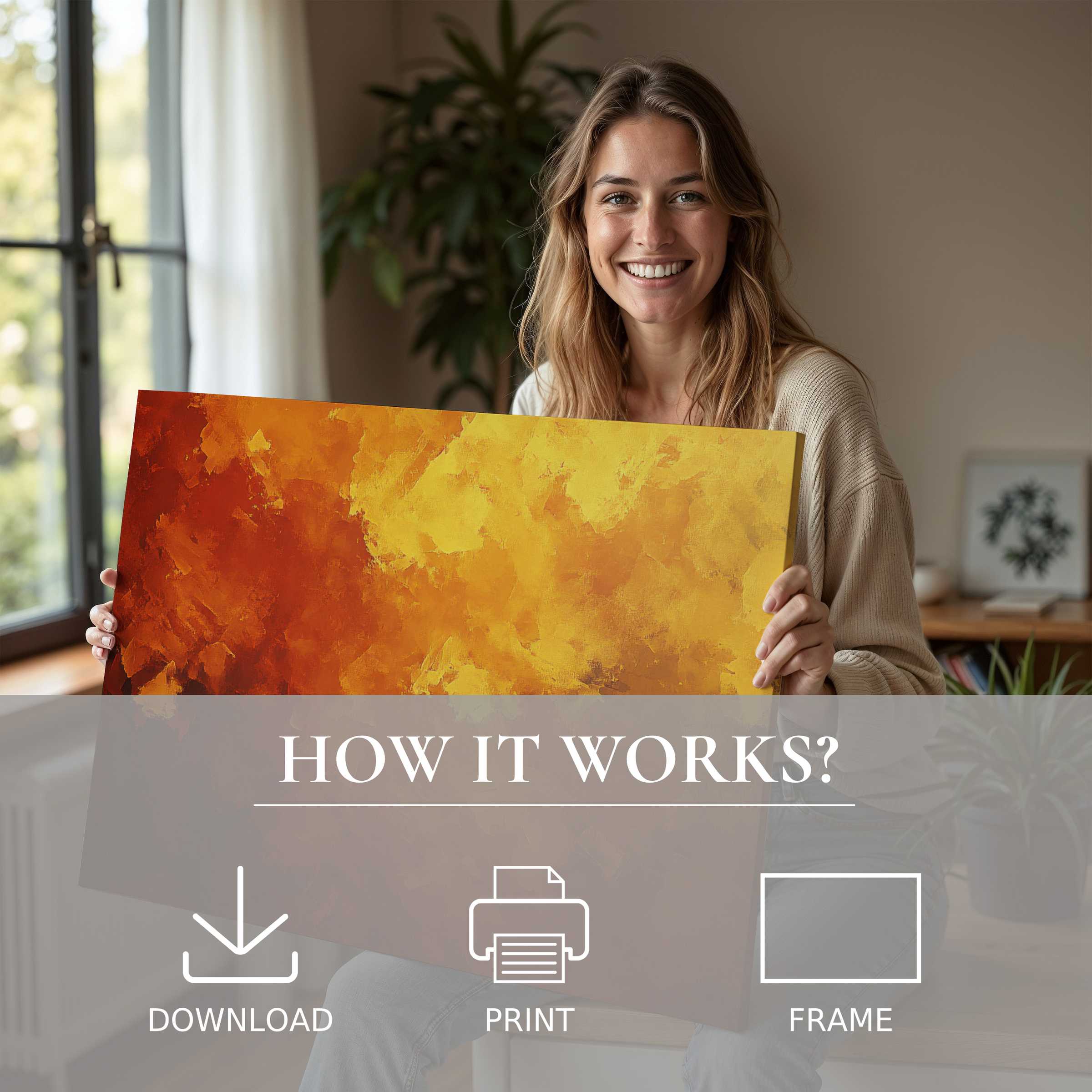 A joyful moment embracing abstract digital art print in warm amber hues, enriching a modern home’s serene ambiance