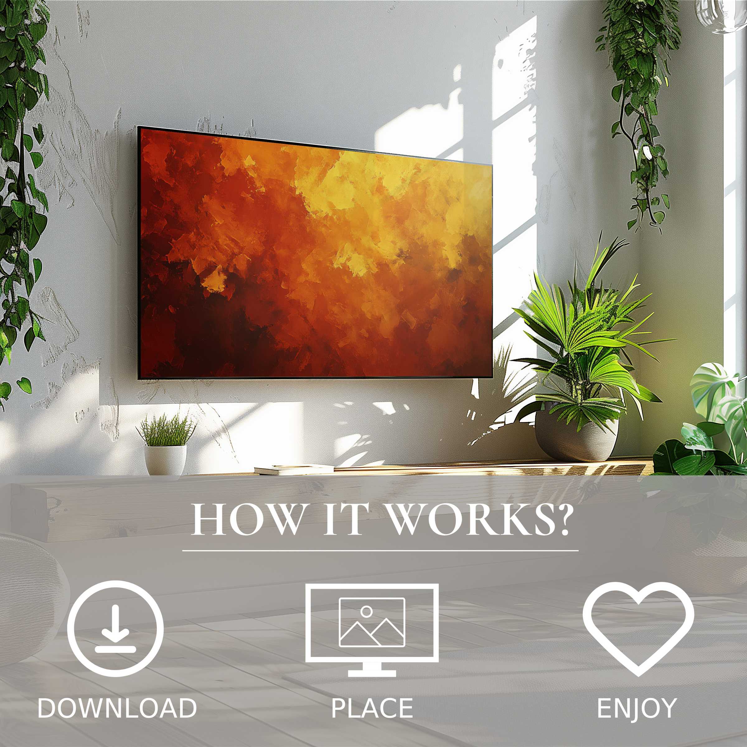 Abstract art for Samsung TV with warm color flow, easy digital download to instantly enrich modern living spaces
