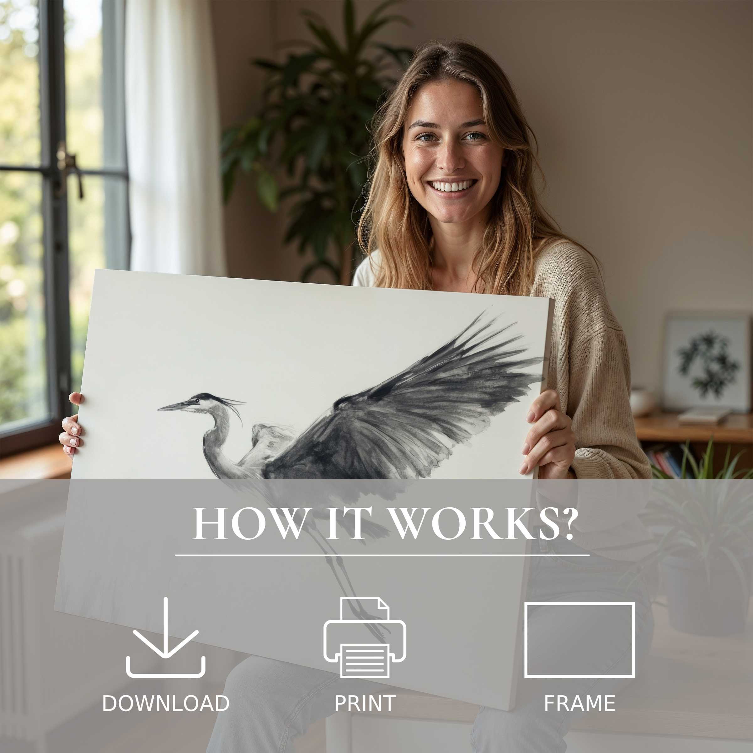 A radiant moment of serene joy as a woman embraces a black and white digital art print, infusing modern living with effortless elegance