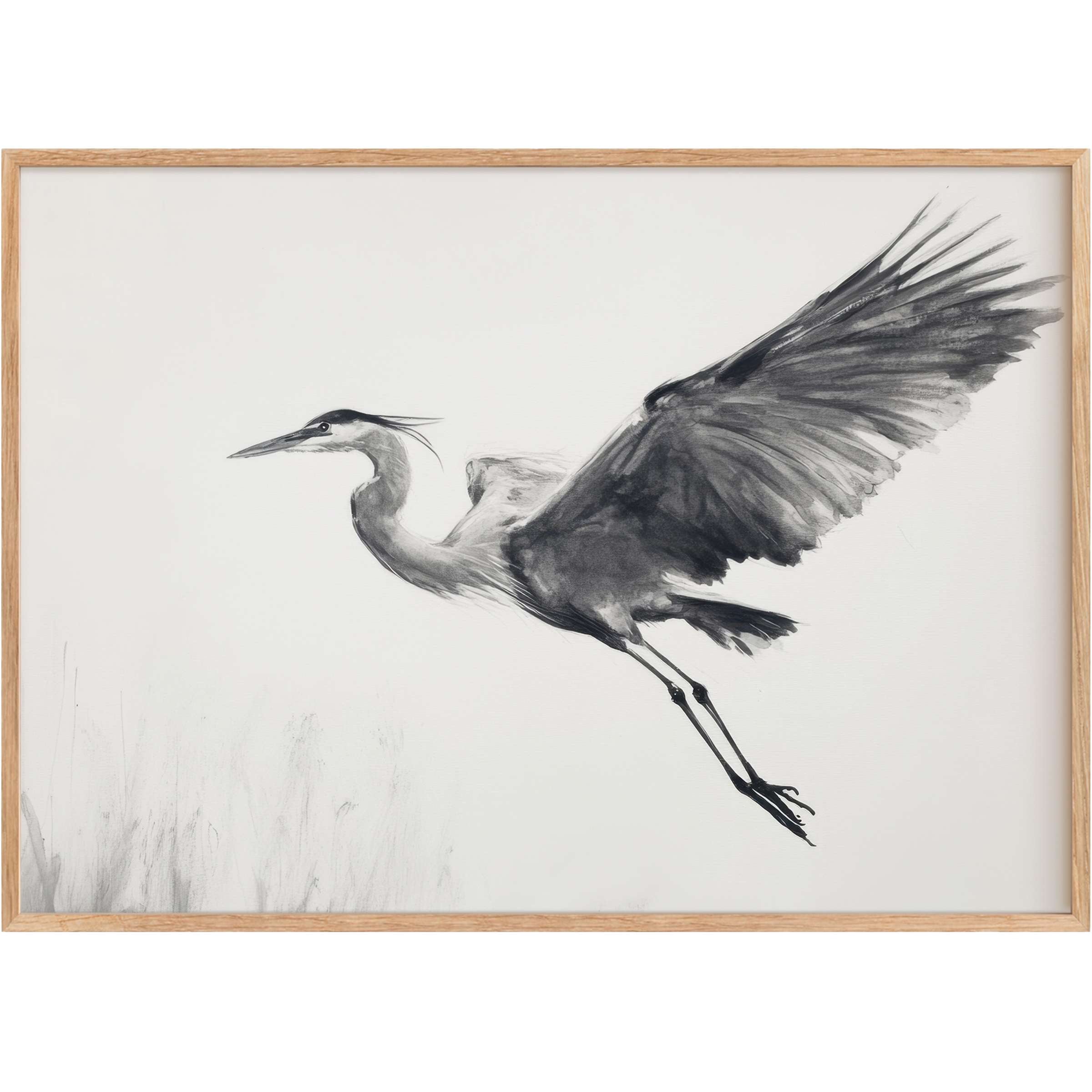 Elegant black and white printable wall art capturing a graceful heron in mid-flight, evoking serene movement and natural beauty