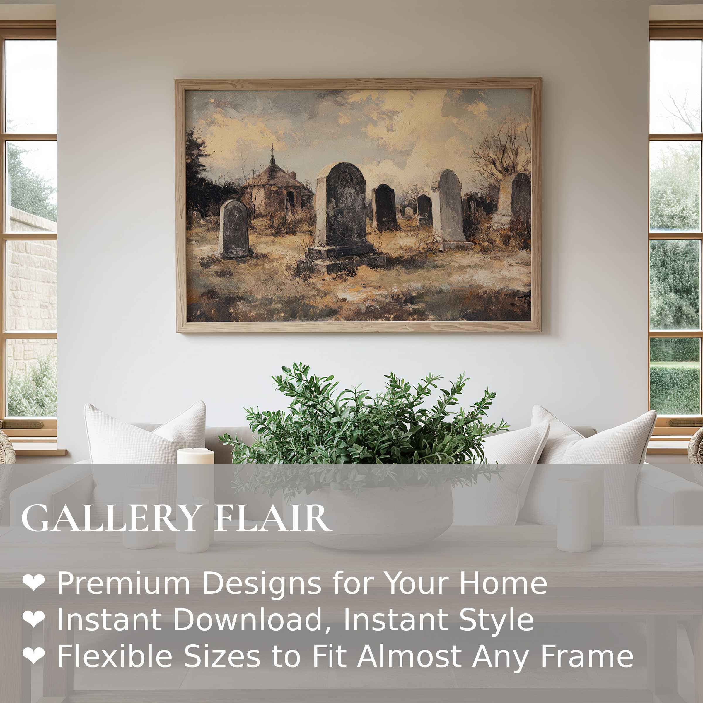 Hauntingly elegant halloween wall art print capturing a moody graveyard scene with vintage charm, enhancing minimalist and cozy interiors with bold, atmospheric style