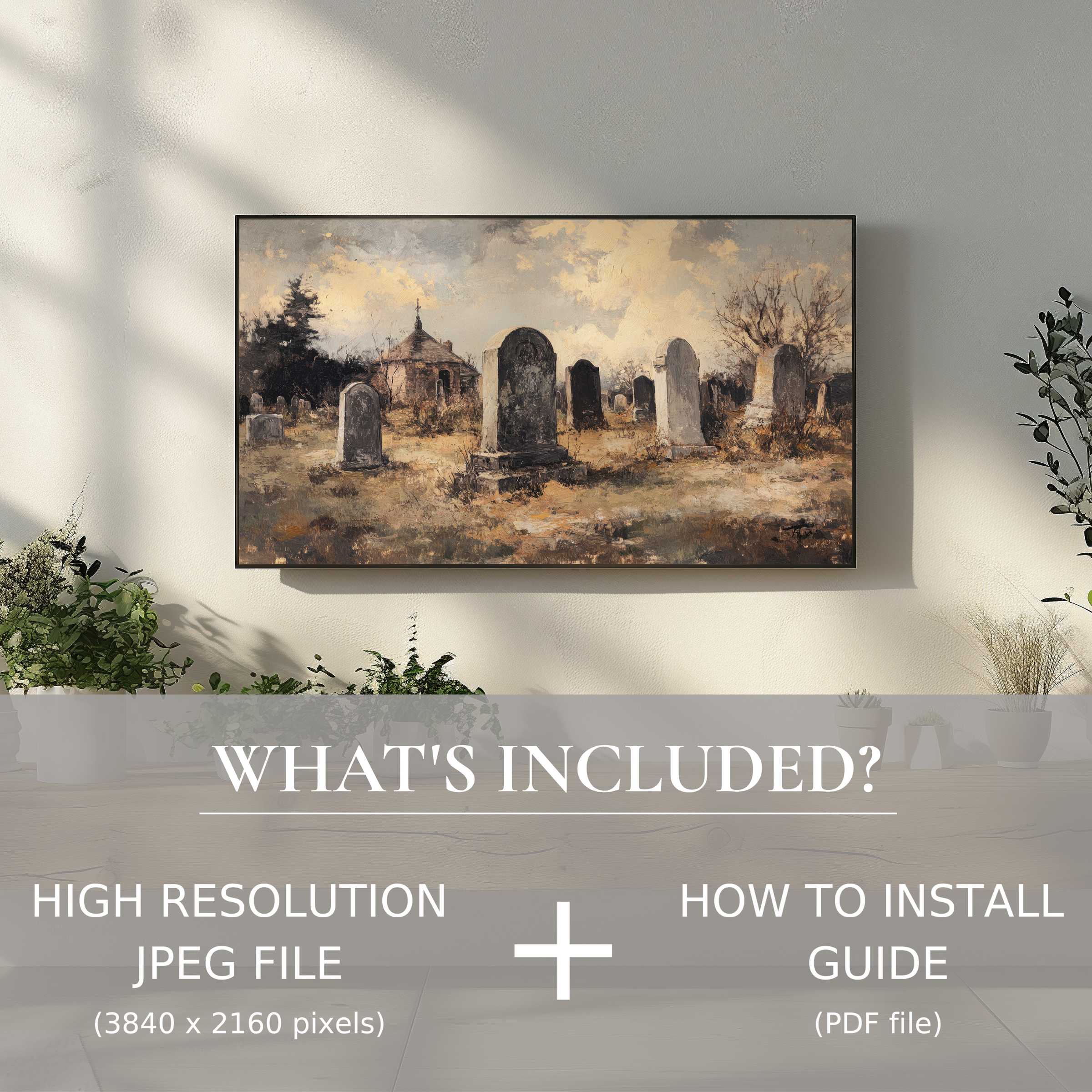 Elegant Halloween digital TV art download enhances living spaces with easy digital use, featuring atmospheric graveyard decor