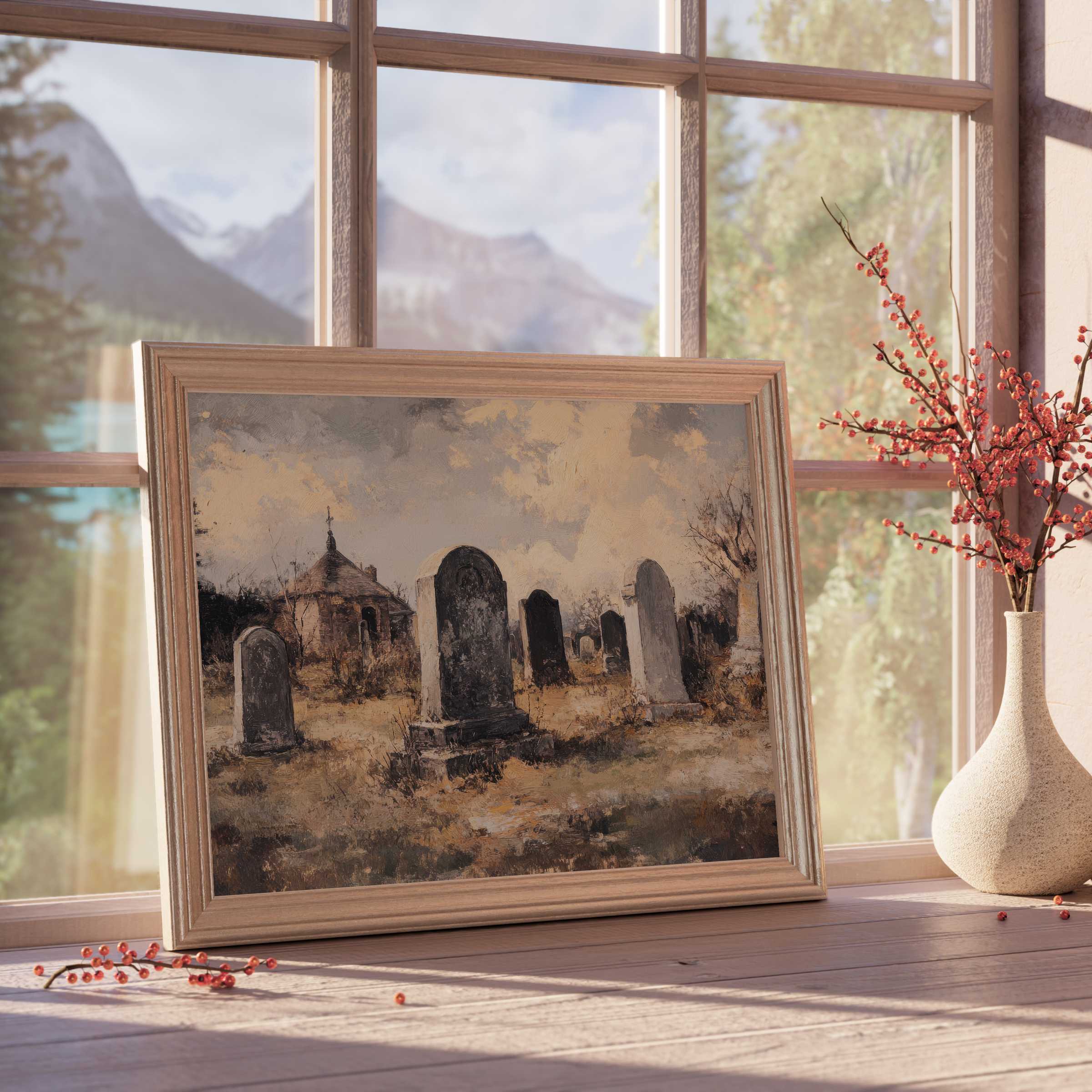 Halloween downloadable art capturing haunting elegance with vintage gravestones, perfect for serene, design-forward interiors
