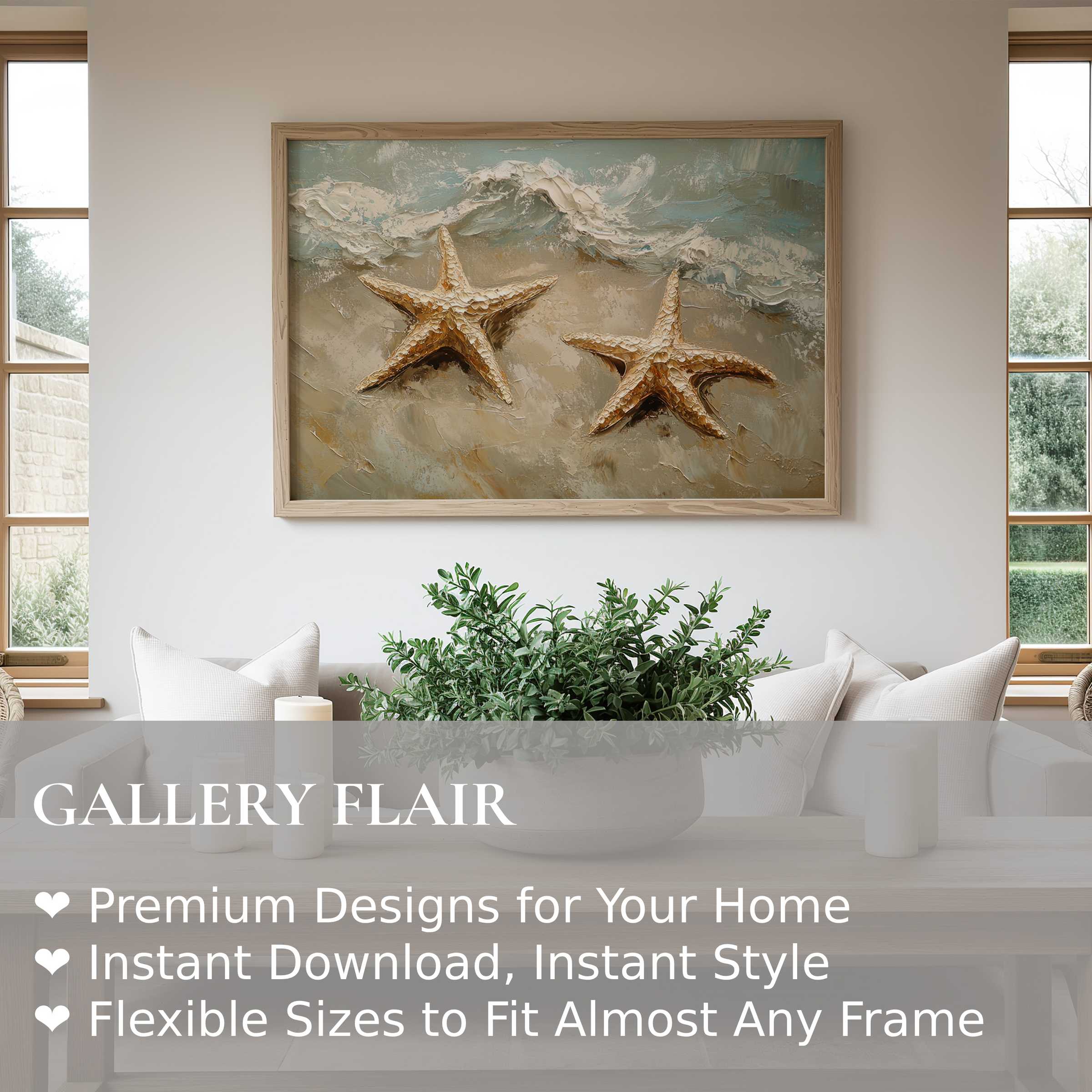 Beach wall art print featuring textured starfish and gentle surf in a serene coastal palette, enhancing modern minimalist interiors with calming, natural elegance