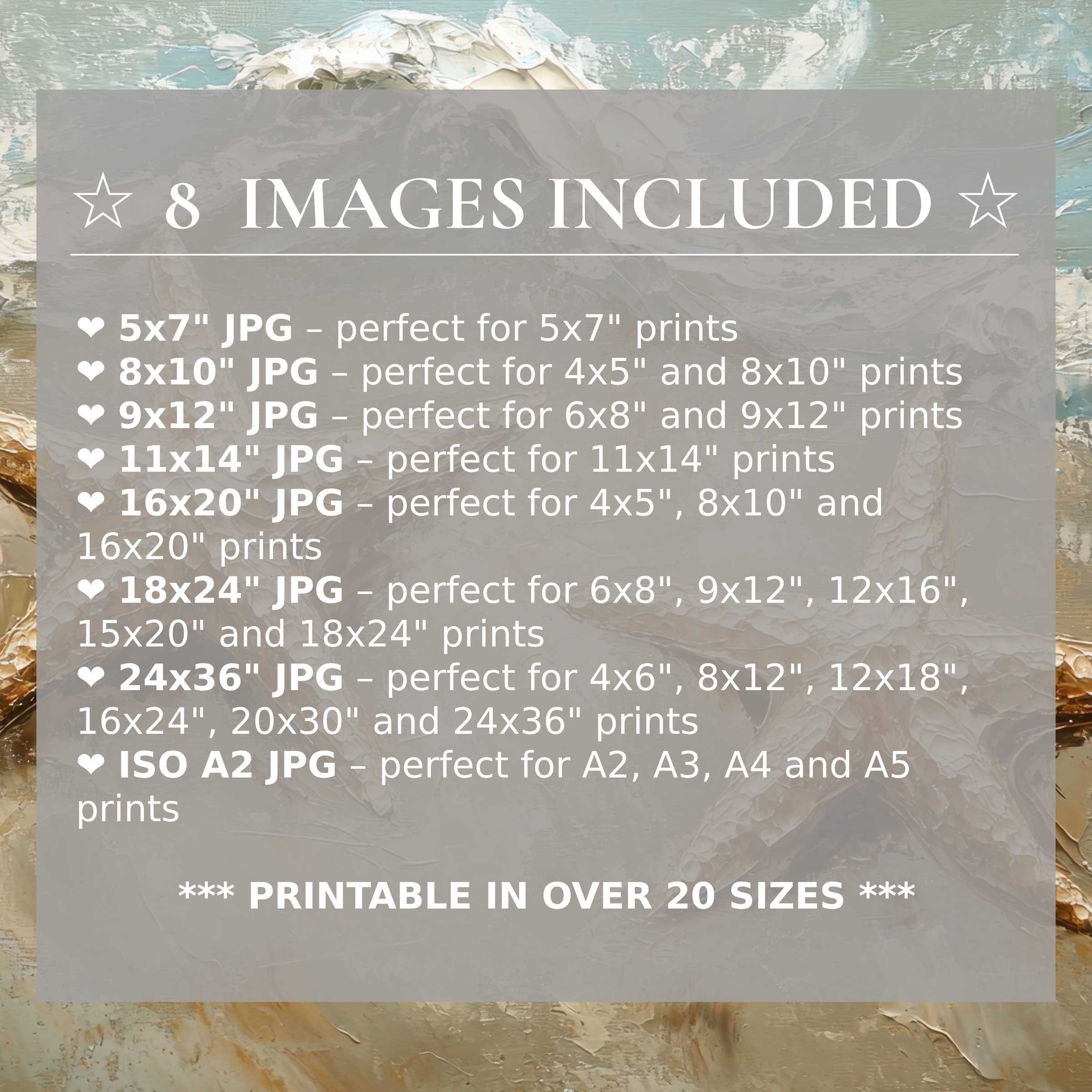Radiant beach digital print in soothing blues and warm sands, elevating modern interiors with 8 high-res sizes included