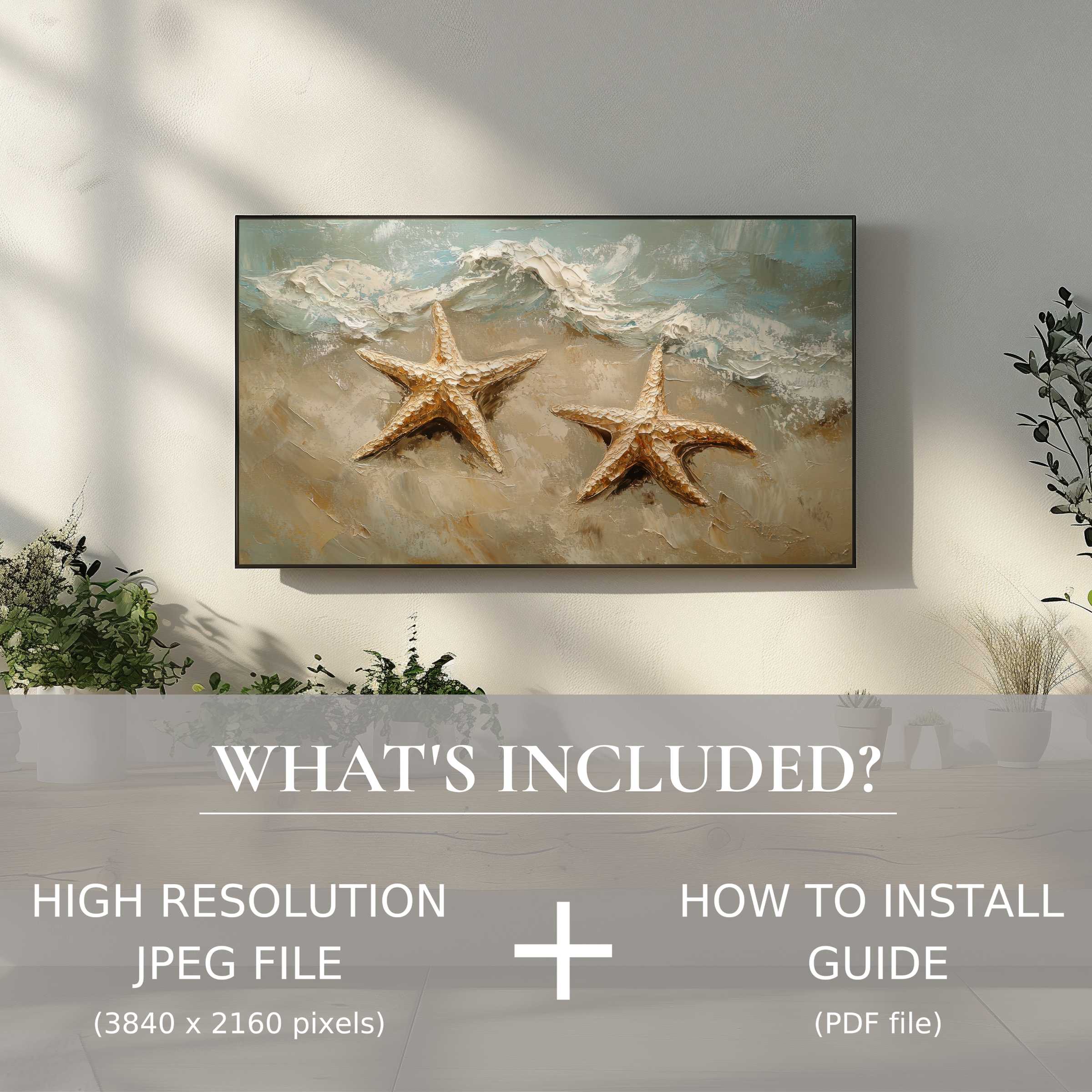 Elegant beach digital TV art download with starfish enhances living spaces; easy, high-res digital use included