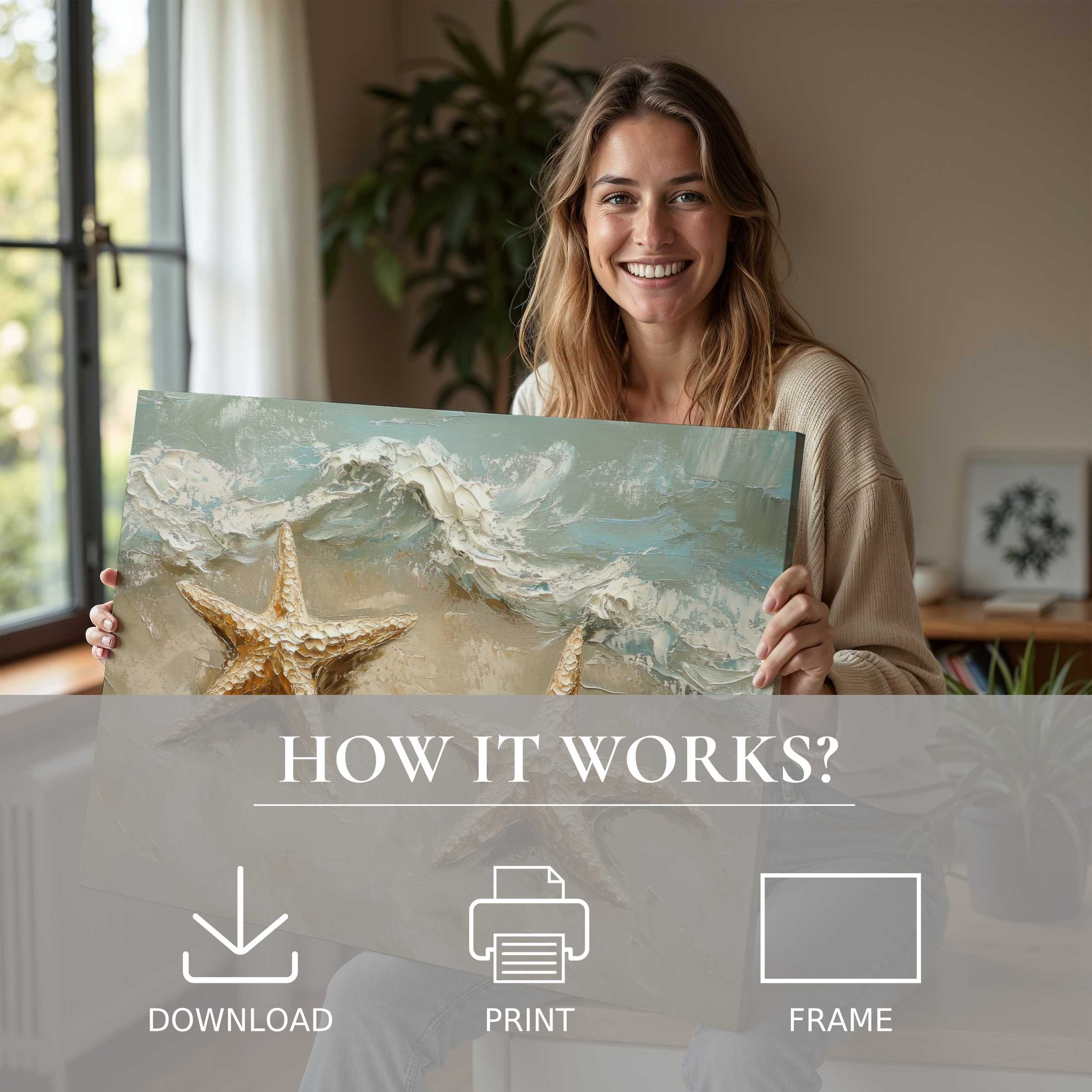 Radiant woman embraces a textured beach digital art print, infusing her modern home with serene coastal joy and effortless elegance