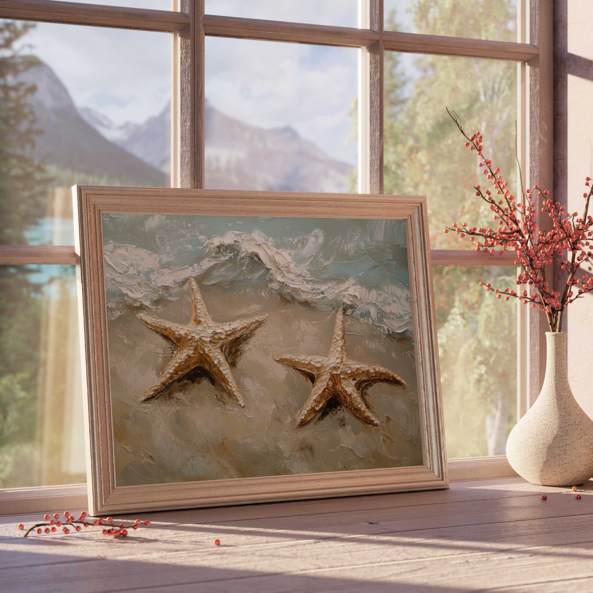 Beach downloadable art featuring textured starfish on serene shorelines, elevating tranquil, curated interiors with coastal elegance