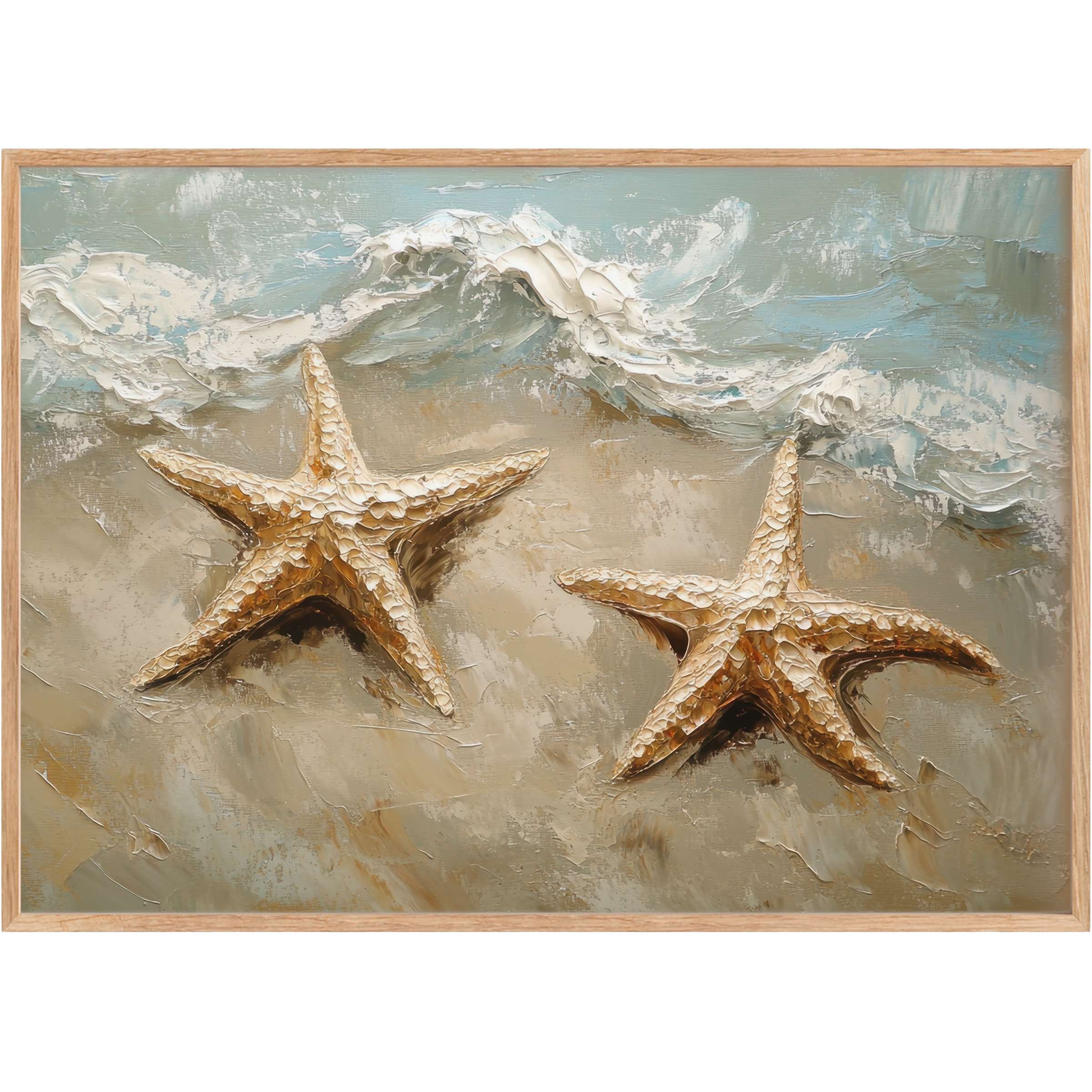Golden starfish rest on sun-kissed sandy shores beneath soft, foamy waves-beach printable wall art evoking serene coastal elegance