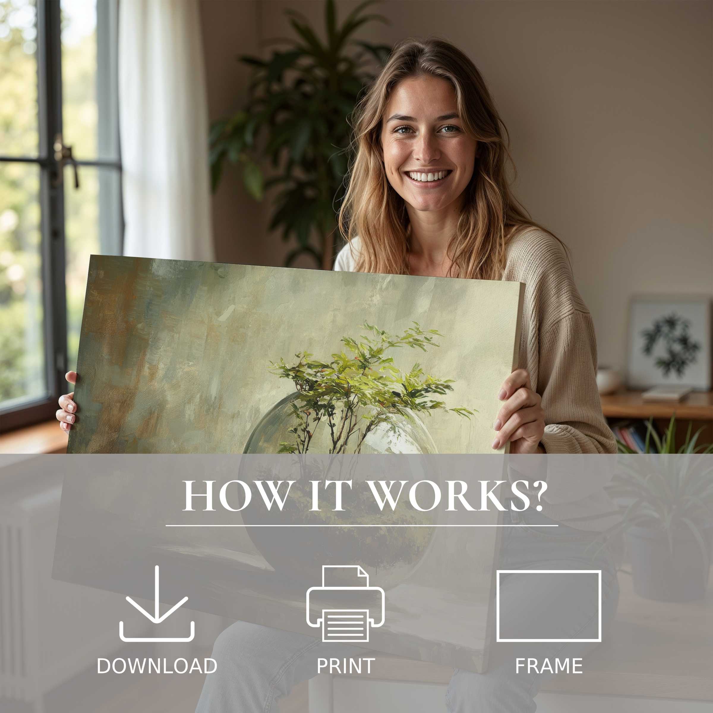 Refined botanical digital art print embraced in a sunlit modern home, inspiring joy and effortless elegance