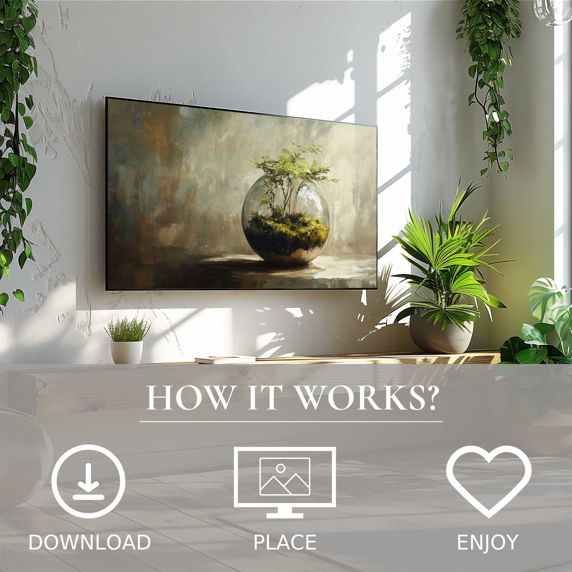 Modern living space with botanical art for Samsung TV; digital download shows soft green terrarium motif enriching room