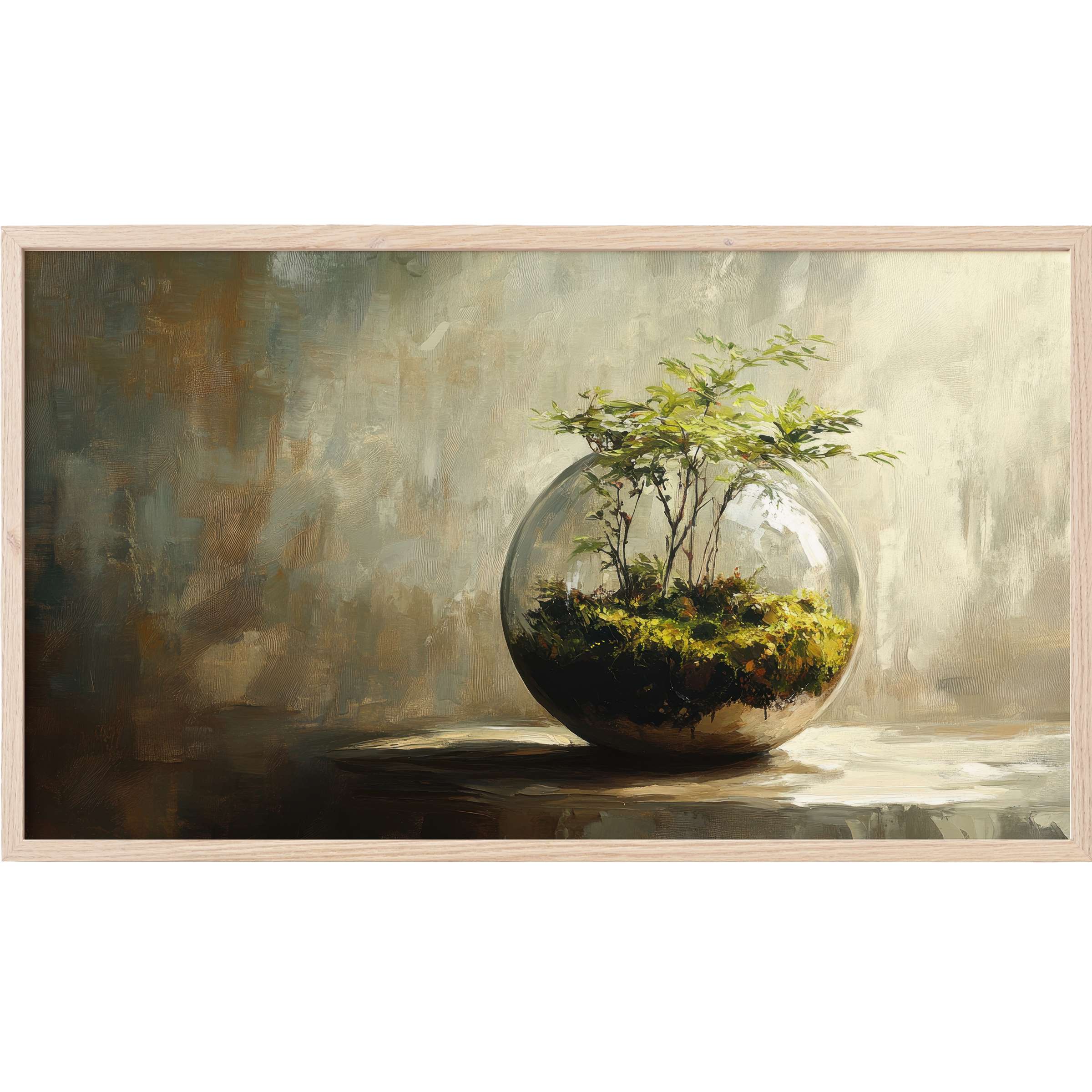 Elegant botanical Frame TV Art featuring a glass terrarium with lush greens in muted, earthy tones