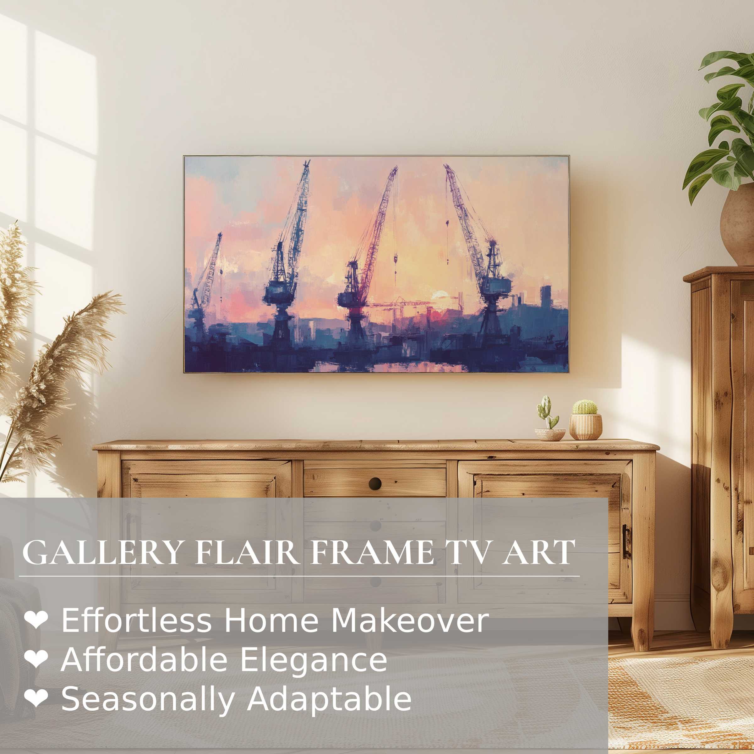 Modern urban digital artwork of cranes at sunset displayed on Samsung Frame TV in a chic, natural-toned living space