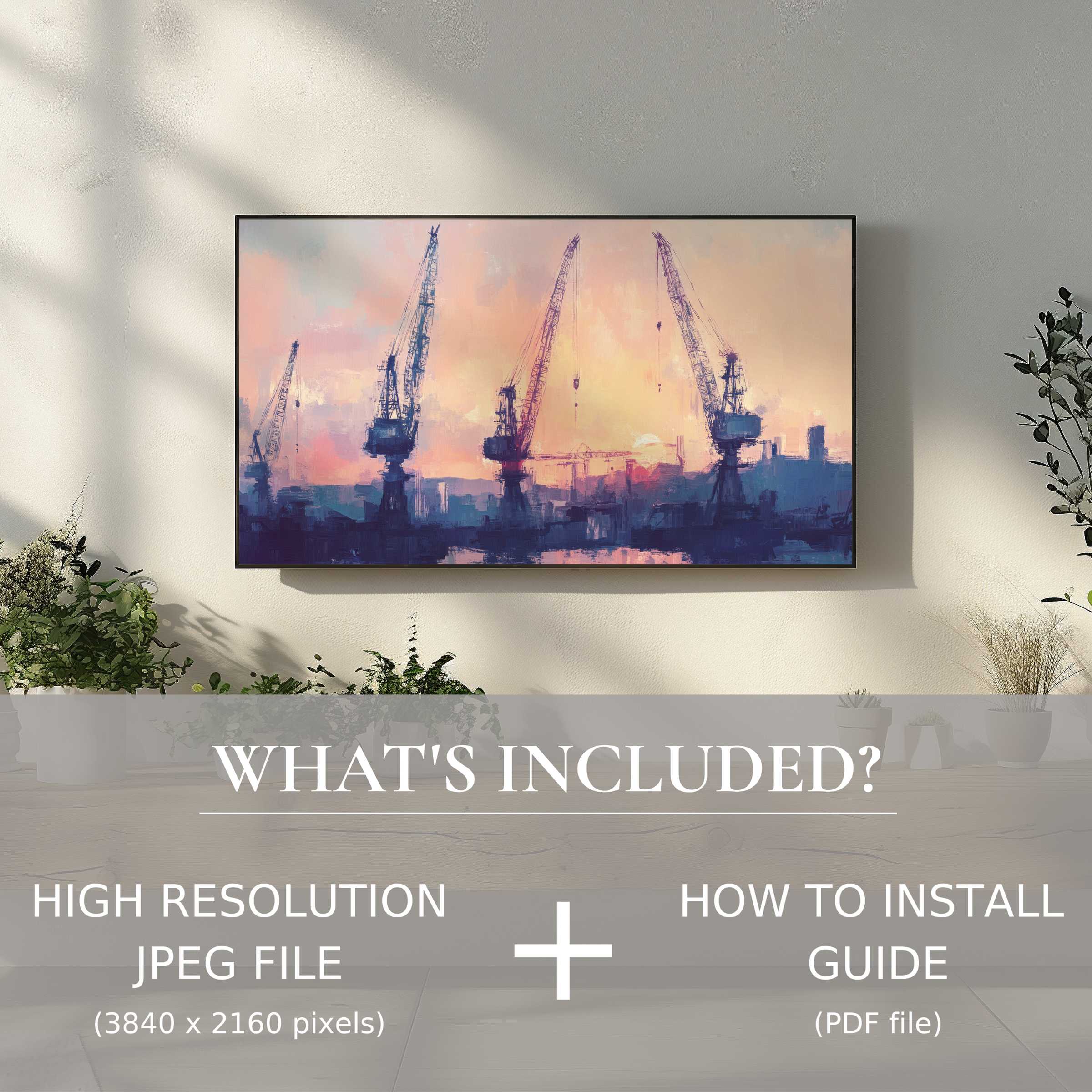 Elegant urban digital TV art download with easy use, enhancing modern living spaces with high-res crane cityscape
